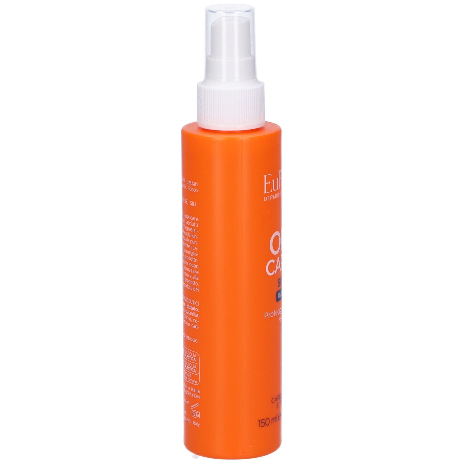Flacone spray arancione con erogatore bianco. Sul lato testo, tra cui ingredienti e produttore.