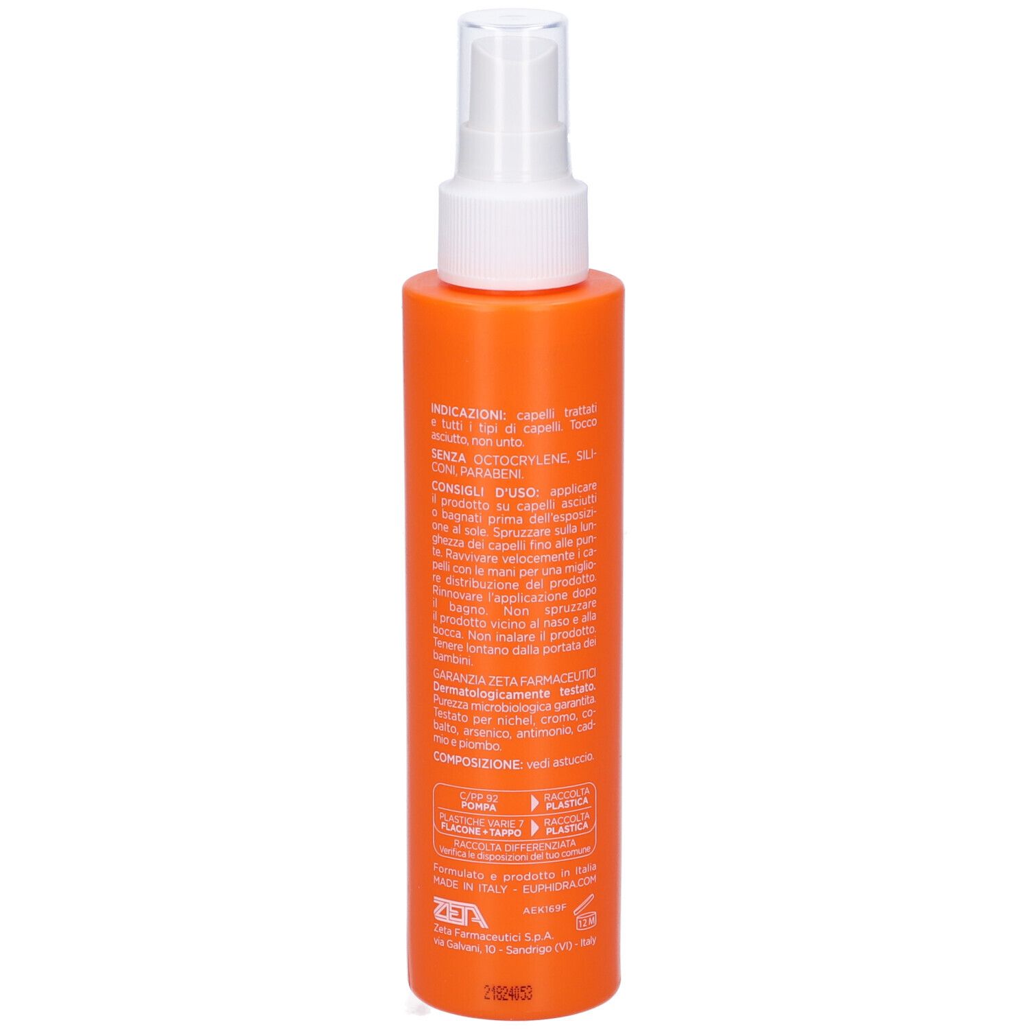 Flacone spray arancione con erogatore bianco. Retro con testo, tra cui istruzioni per l'uso e ingredienti.