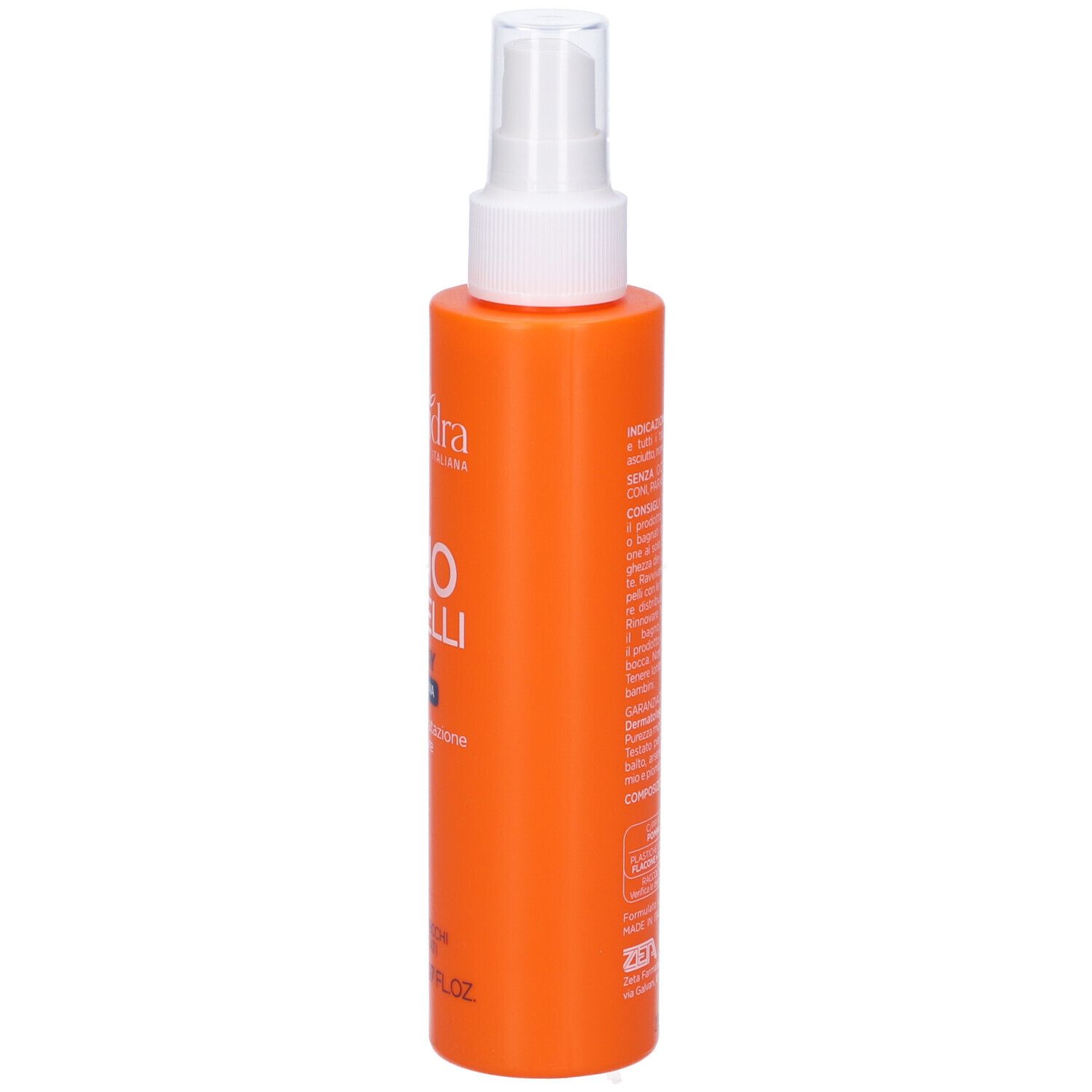 Flacone spray arancione con erogatore bianco. Sul lato testo, tra cui ingredienti e produttore.