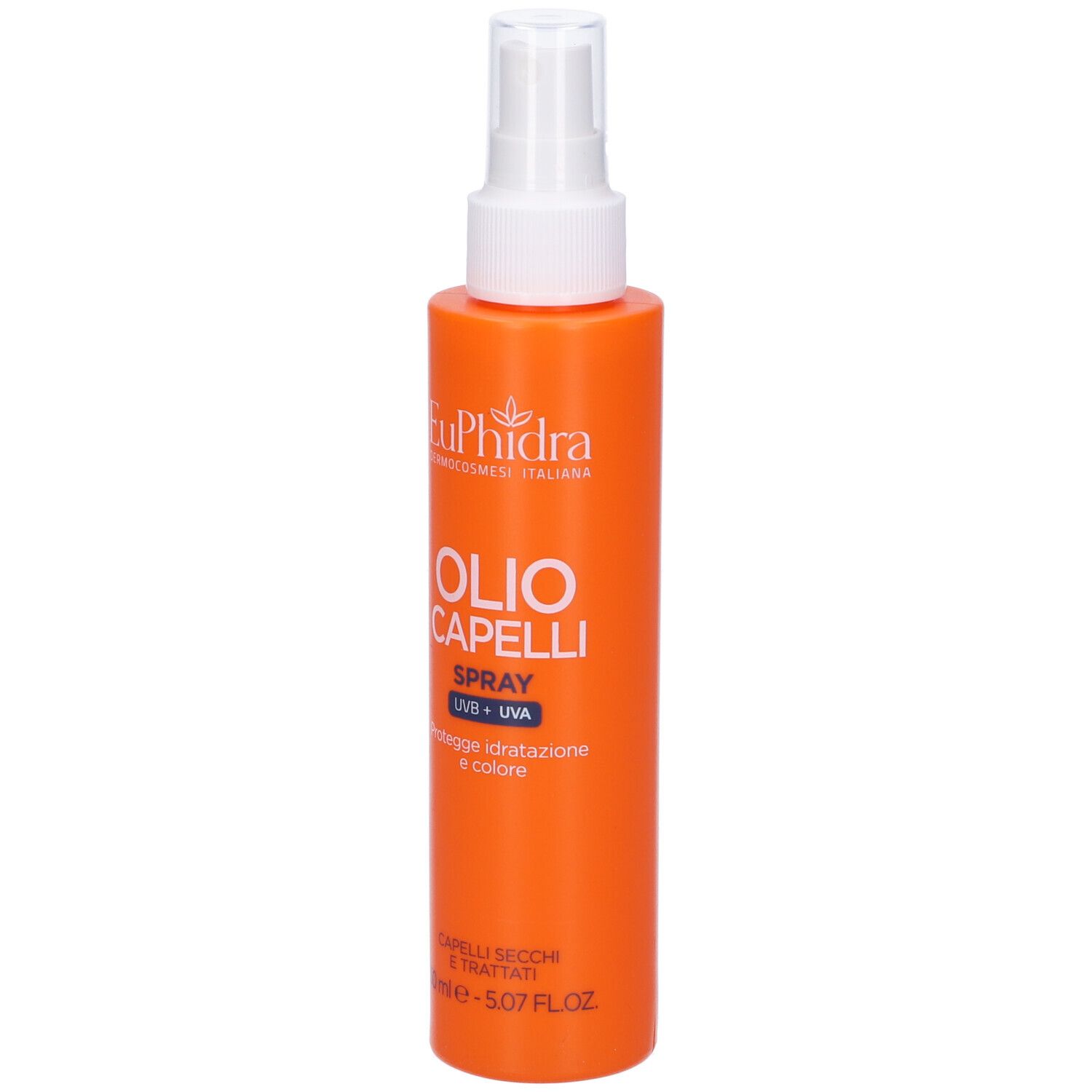 Flacone spray arancione con erogatore bianco. Scritta: Euphidra, Olio Capelli Spray, UVB + UVA. Protegge, idrata e colora.