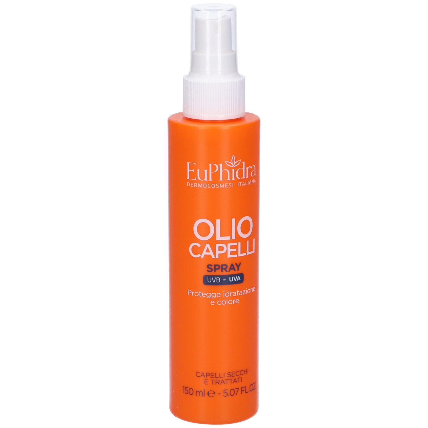 Flacone spray arancione con erogatore bianco. Scritta: Euphidra, Olio Capelli Spray, UVB + UVA. Protegge, idrata e colora.