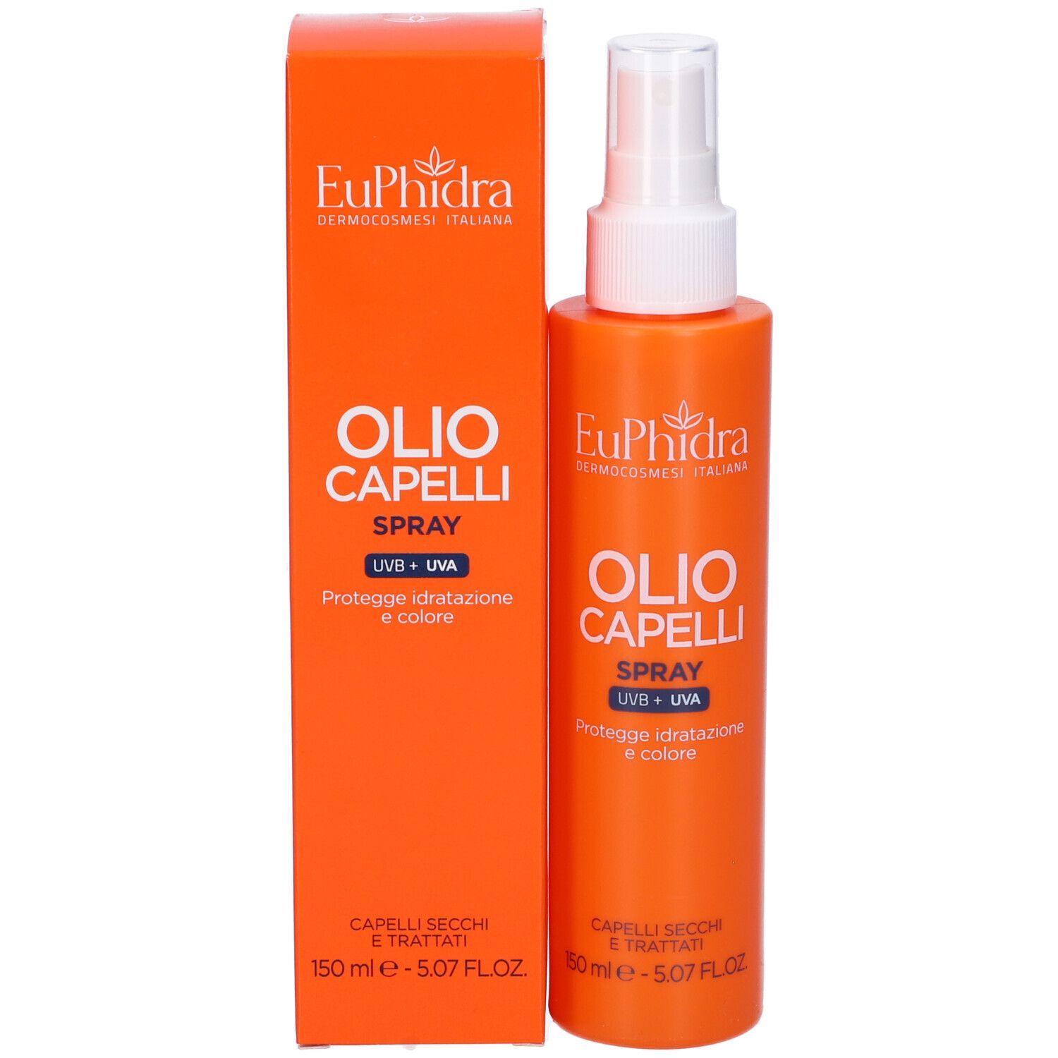 Flacone spray e scatola arancioni. Scritta: Euphidra, Olio Capelli Spray, UVB + UVA. Scatola con nome del prodotto.