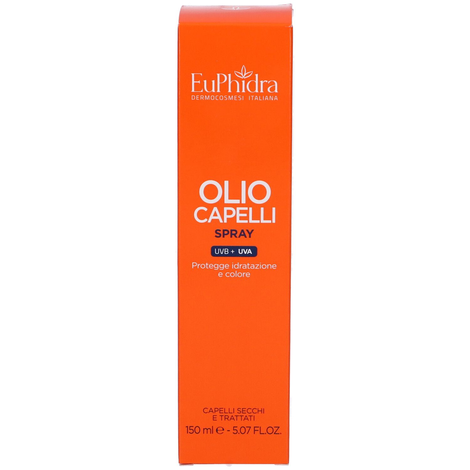 Scatola arancione con scritta: Euphidra, Olio Capelli Spray, UVB + UVA. Testo e nome del prodotto.