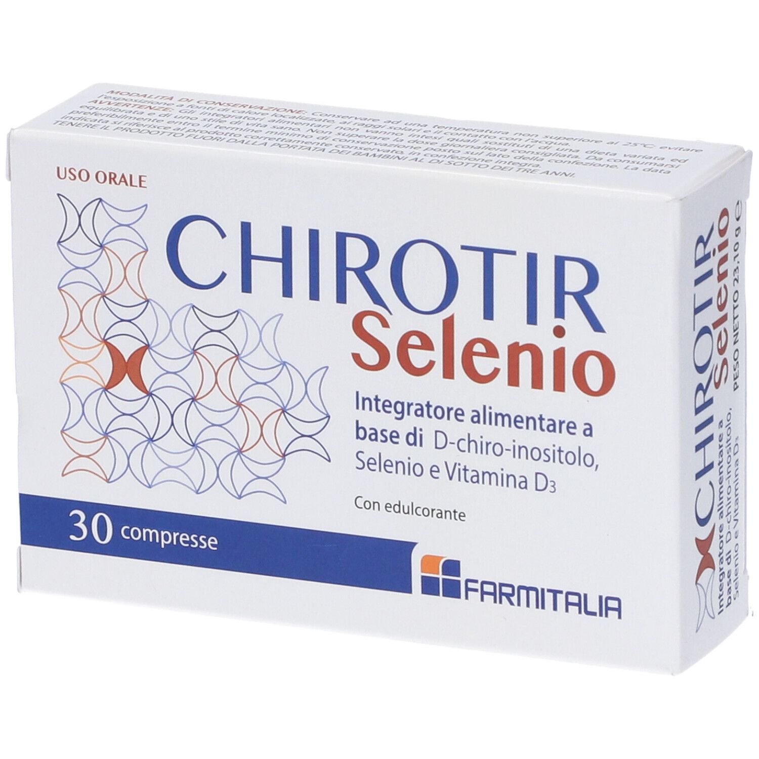 Scatola bianca con scritta blu CHIRITIR Selenio. Contiene 30 compresse. Marchio: Farmitalia.