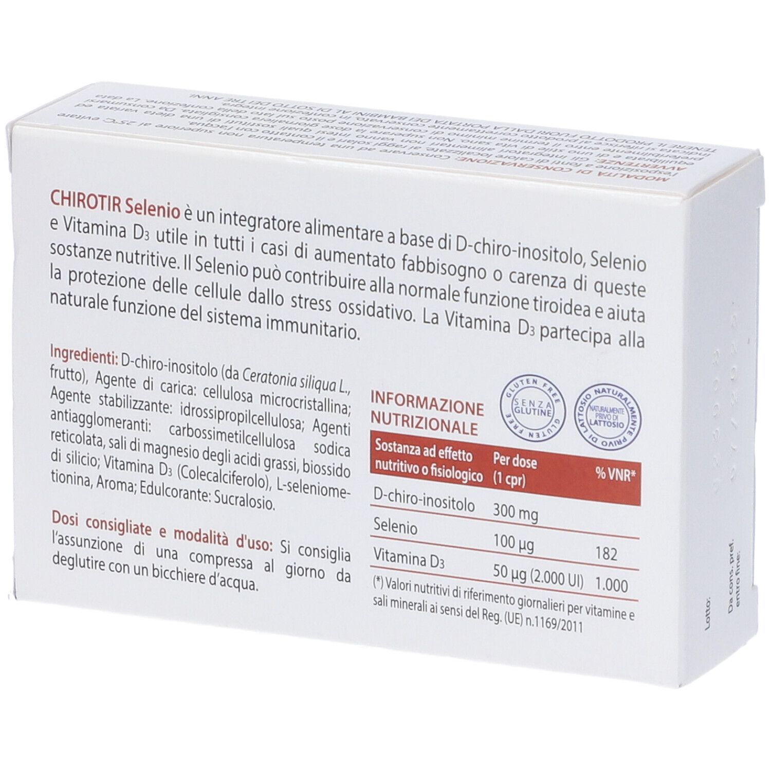 Retro della scatola bianca. Testo con ingredienti e informazioni nutrizionali. Certificazioni.