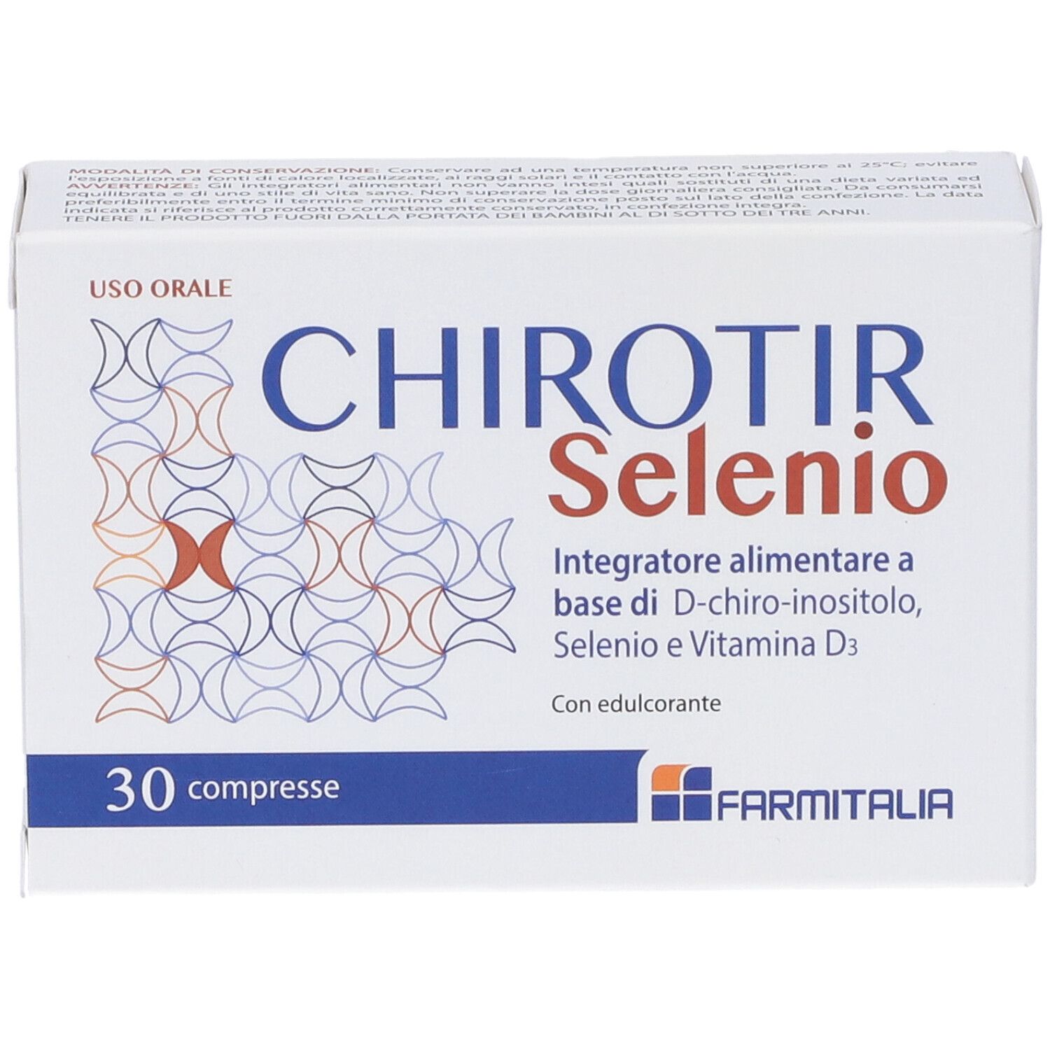Scatola bianca con scritta blu CHIRITIR Selenio. Contiene 30 compresse. Marchio: Farmitalia.