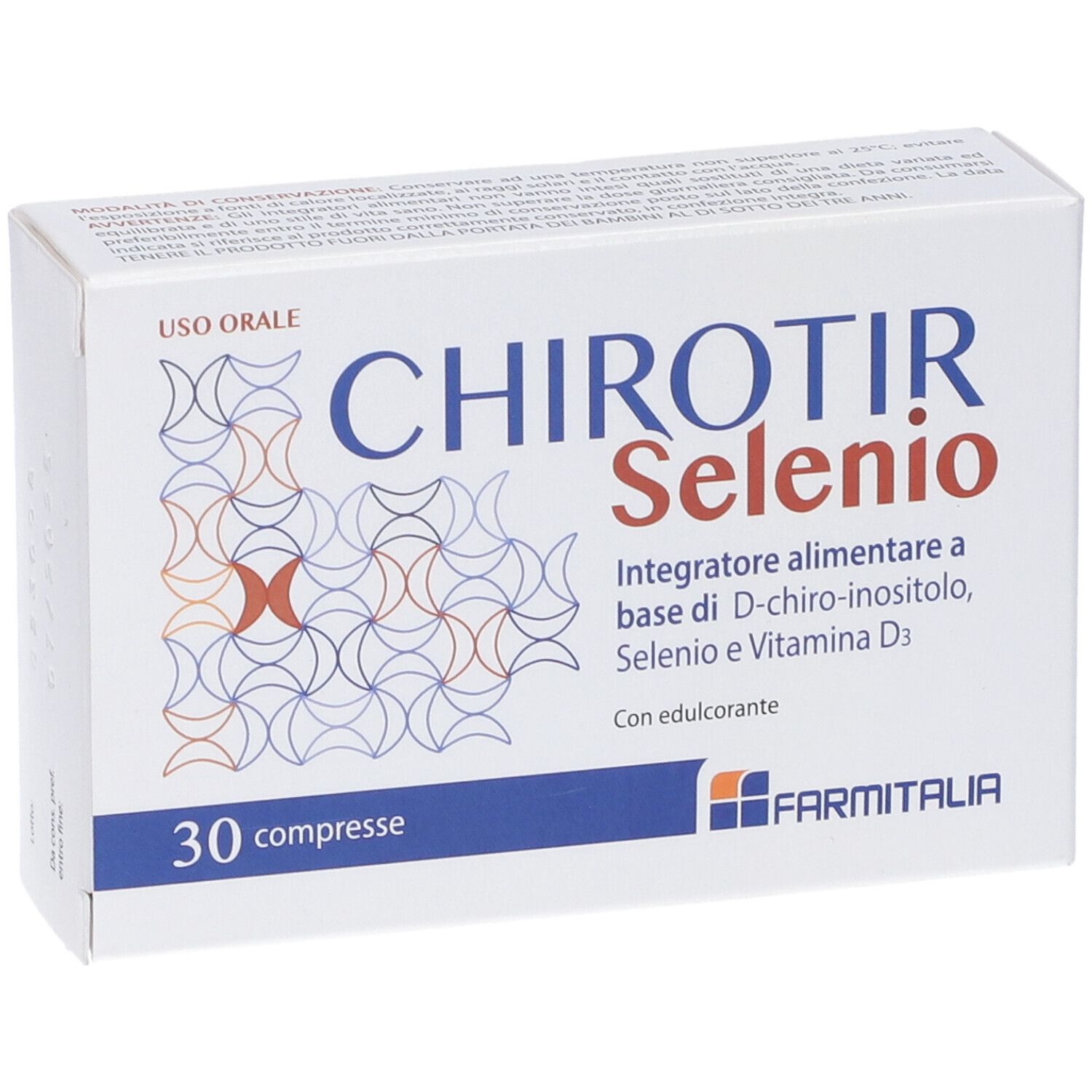 Scatola bianca con scritta blu CHIRITIR Selenio. Contiene 30 compresse. Marchio: Farmitalia.