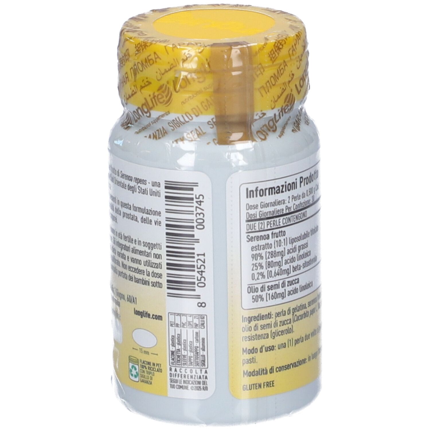 Seitenansicht der LongLife ProstaFactors Kapseldose mit Barcode und Recycling-Symbolen.