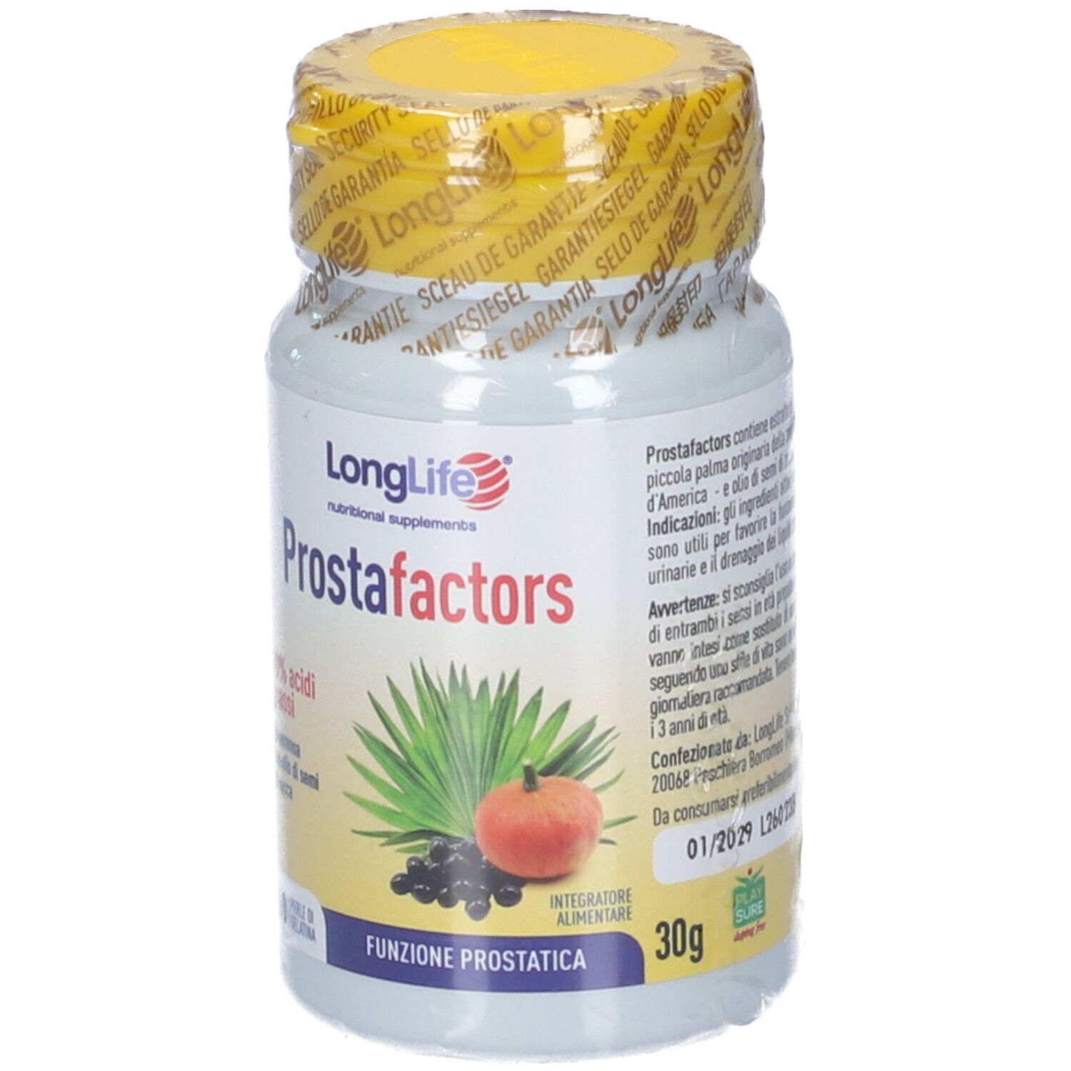LongLife ProstaFactors Kapseldose mit Abbildung von Sägepalme und Beeren. 30g.