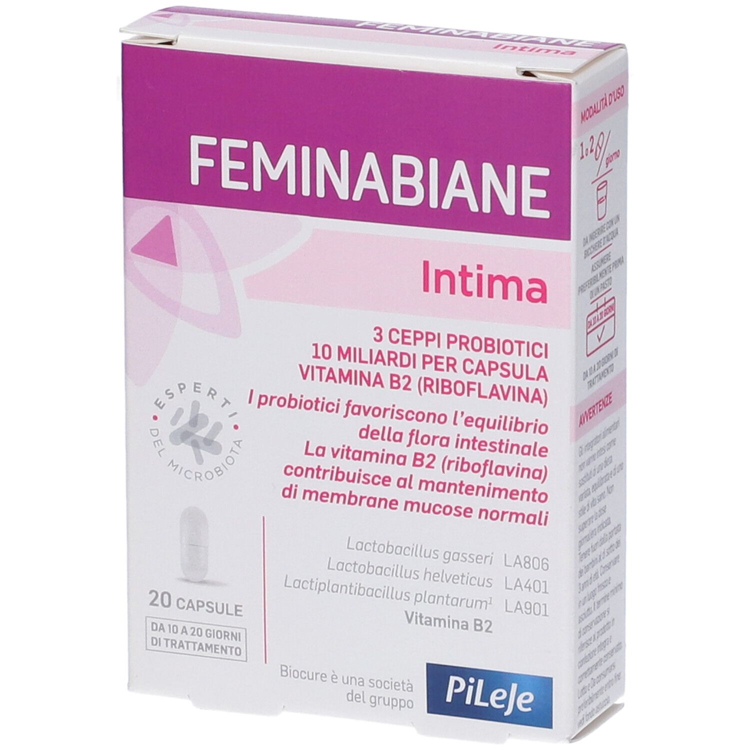 Confezione da 20 capsule di probiotici Feminabiane Intima e vitamina B2.