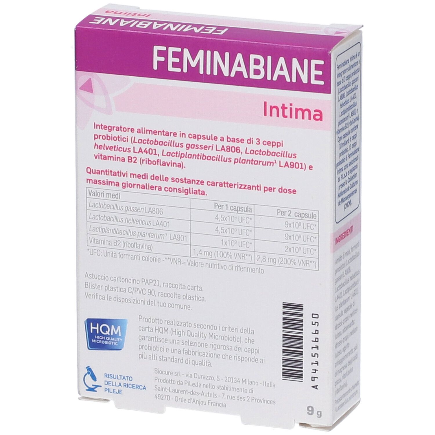 Confezione da 20 capsule di probiotici Feminabiane Intima e vitamina B2.