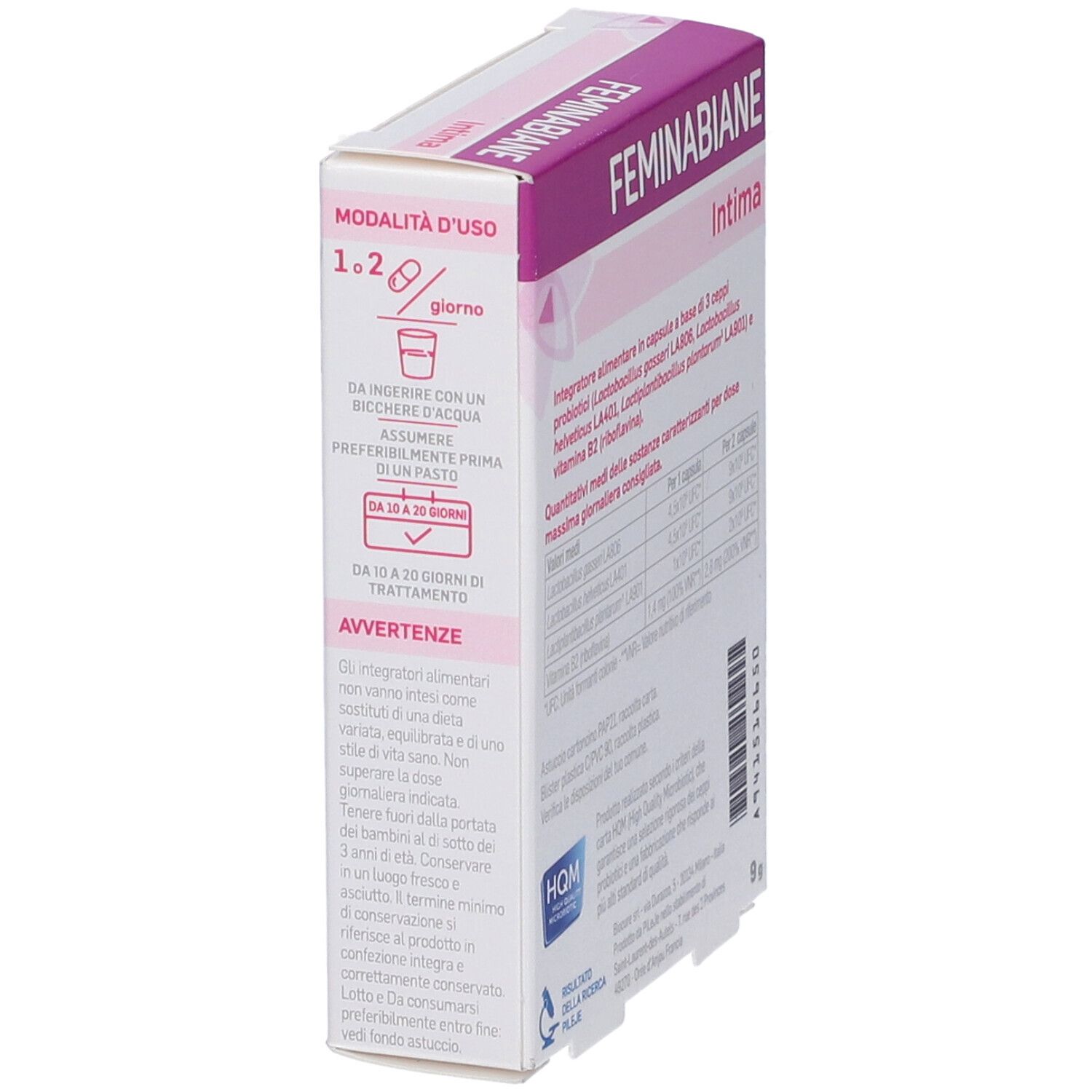Confezione da 20 capsule di probiotici Feminabiane Intima e vitamina B2.