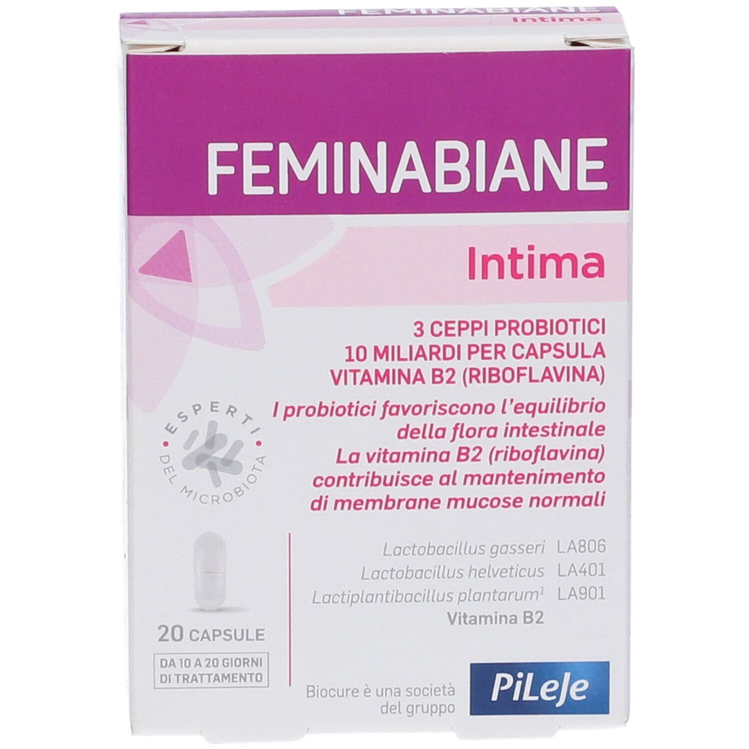 Confezione da 20 capsule di probiotici Feminabiane Intima e vitamina B2.
