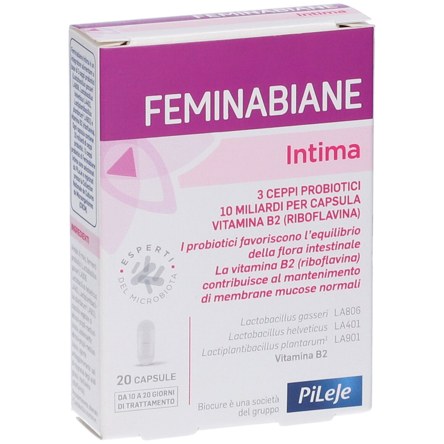 Confezione da 20 capsule di probiotici Feminabiane Intima e vitamina B2.