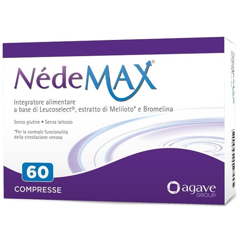 Scatola NedeMAX, 60 compresse. Contiene Leucoselect, estratto di Meliloto e Bromelina. Logo Agave Group.