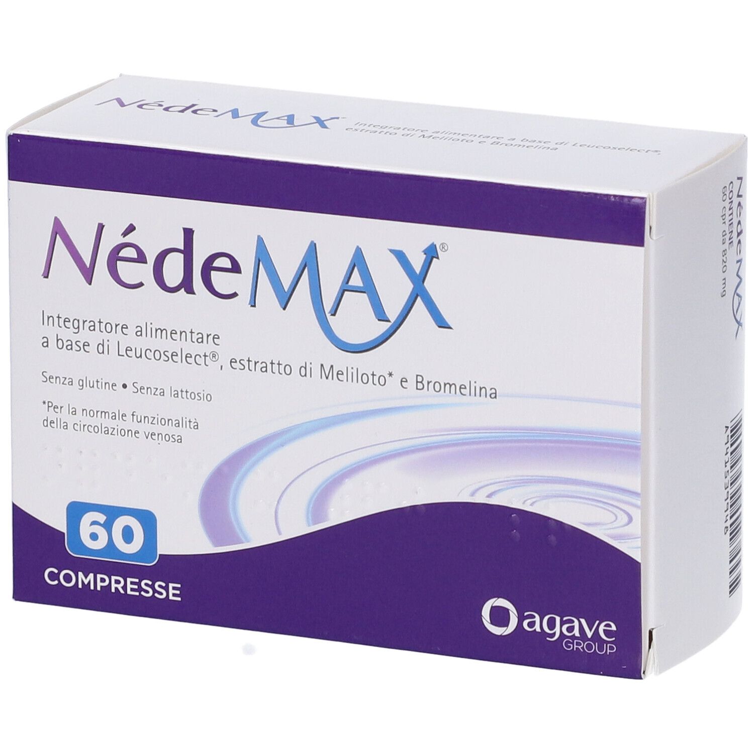 Scatola NedeMAX, 60 compresse. Contiene Leucoselect, estratto di Meliloto e Bromelina. Logo Agave Group.