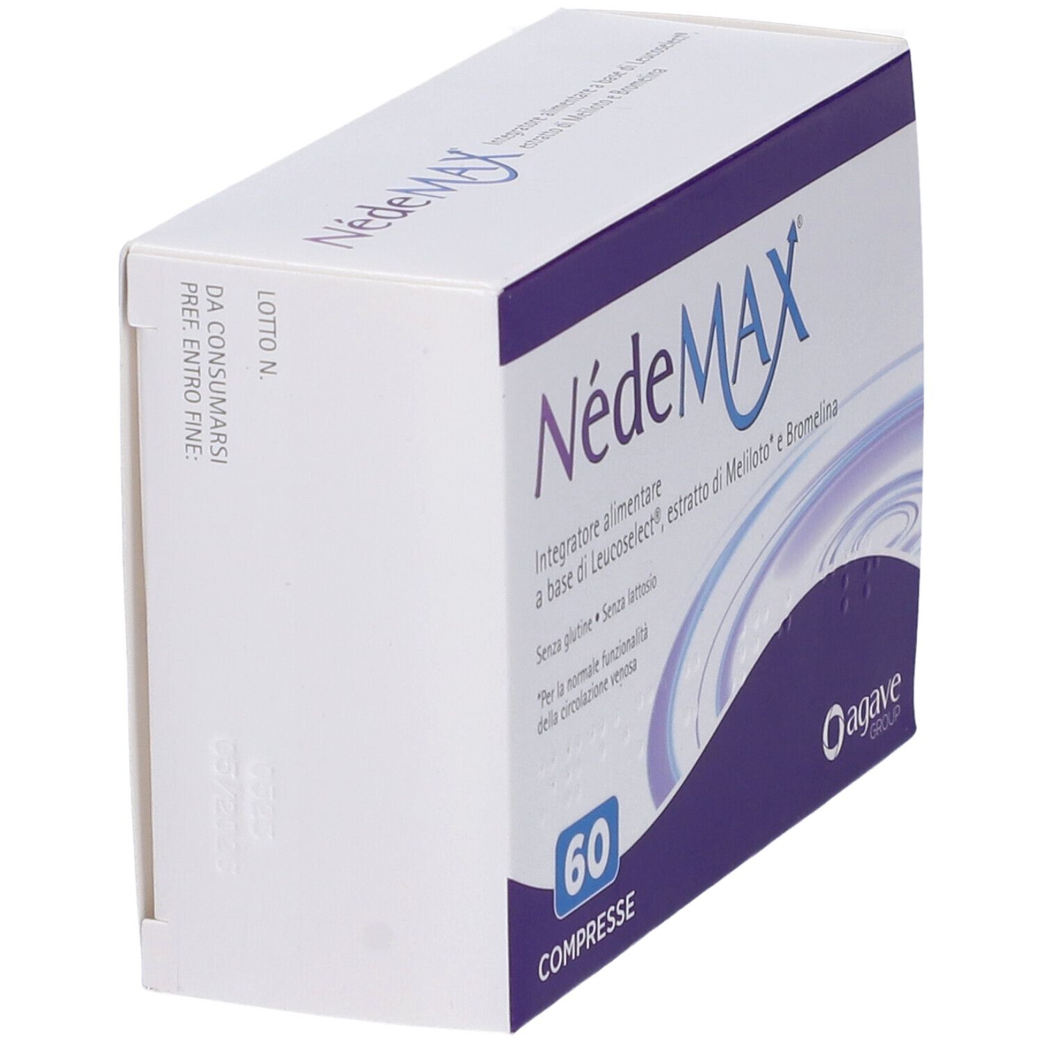 Scatola NedeMAX, 60 compresse. Contiene Leucoselect, estratto di Meliloto e Bromelina. Logo Agave Group.
