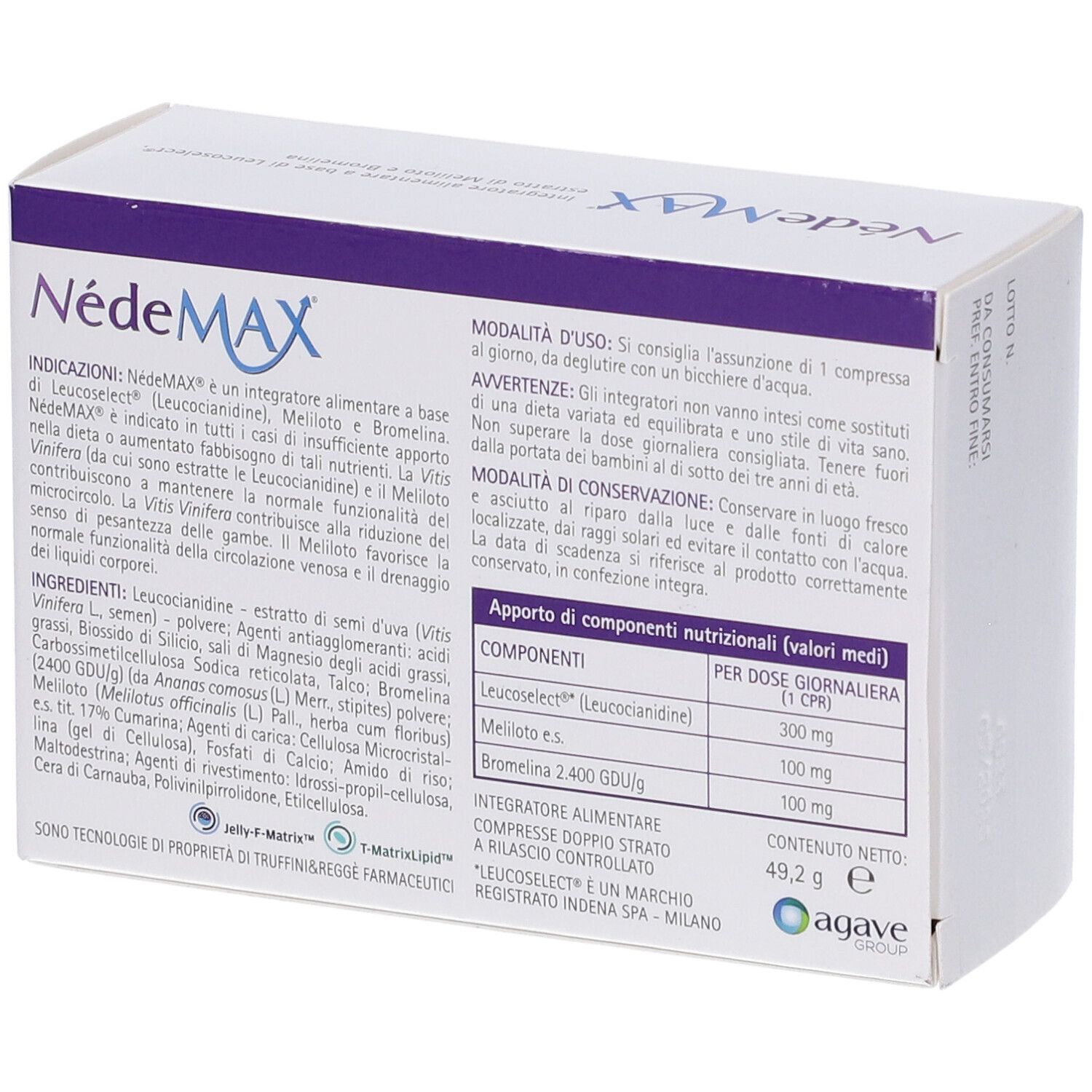 Scatola NedeMAX, 60 compresse. Contiene Leucoselect, estratto di Meliloto e Bromelina. Retro con ingredienti e istruzioni.