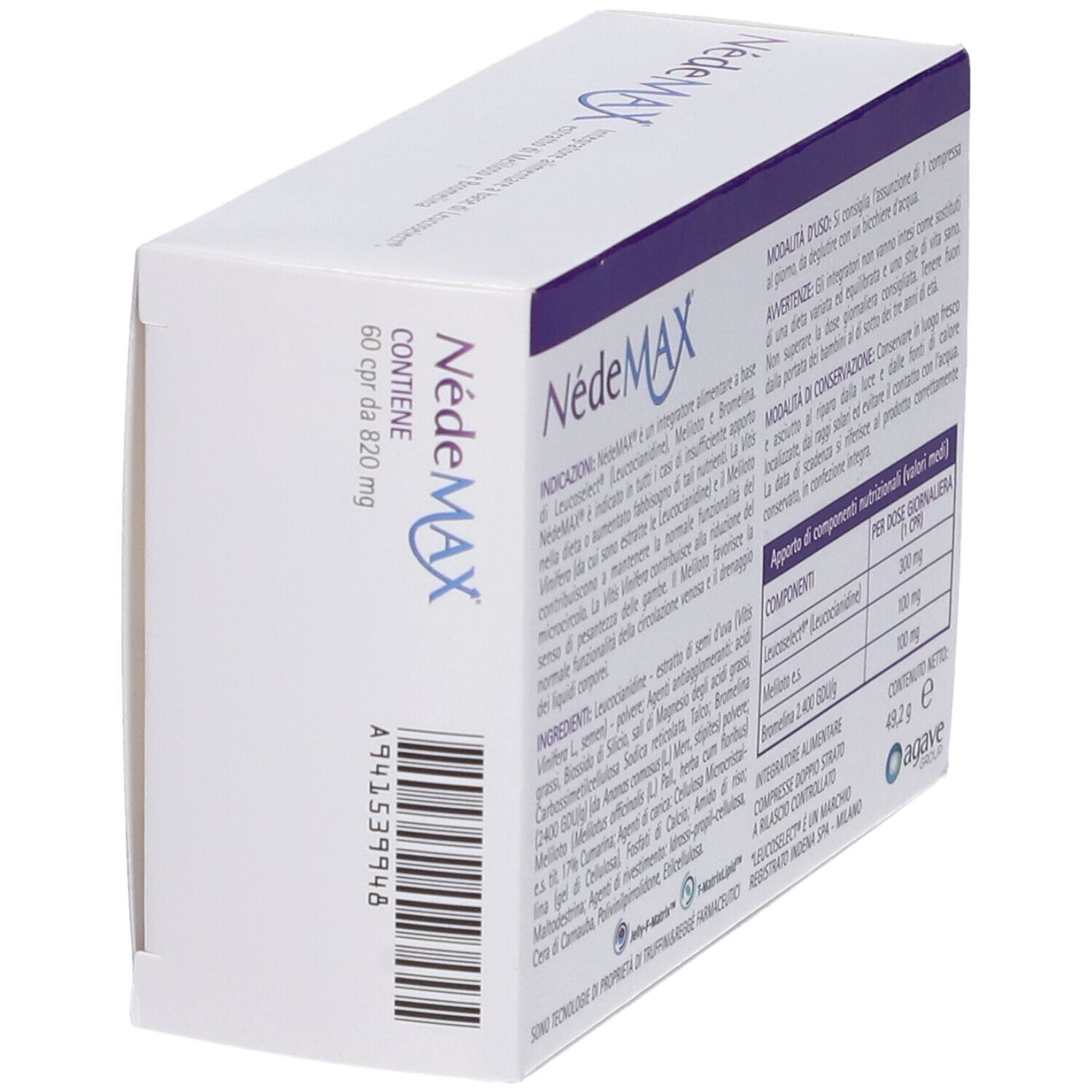 Scatola NedeMAX, 60 compresse. Contiene Leucoselect, estratto di Meliloto e Bromelina. Retro con ingredienti e istruzioni.
