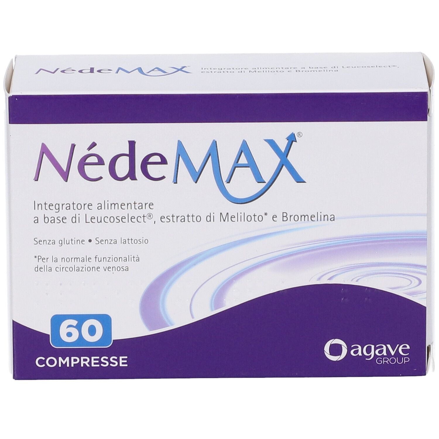 Scatola NedeMAX, 60 compresse. Contiene Leucoselect, estratto di Meliloto e Bromelina. Logo Agave Group.