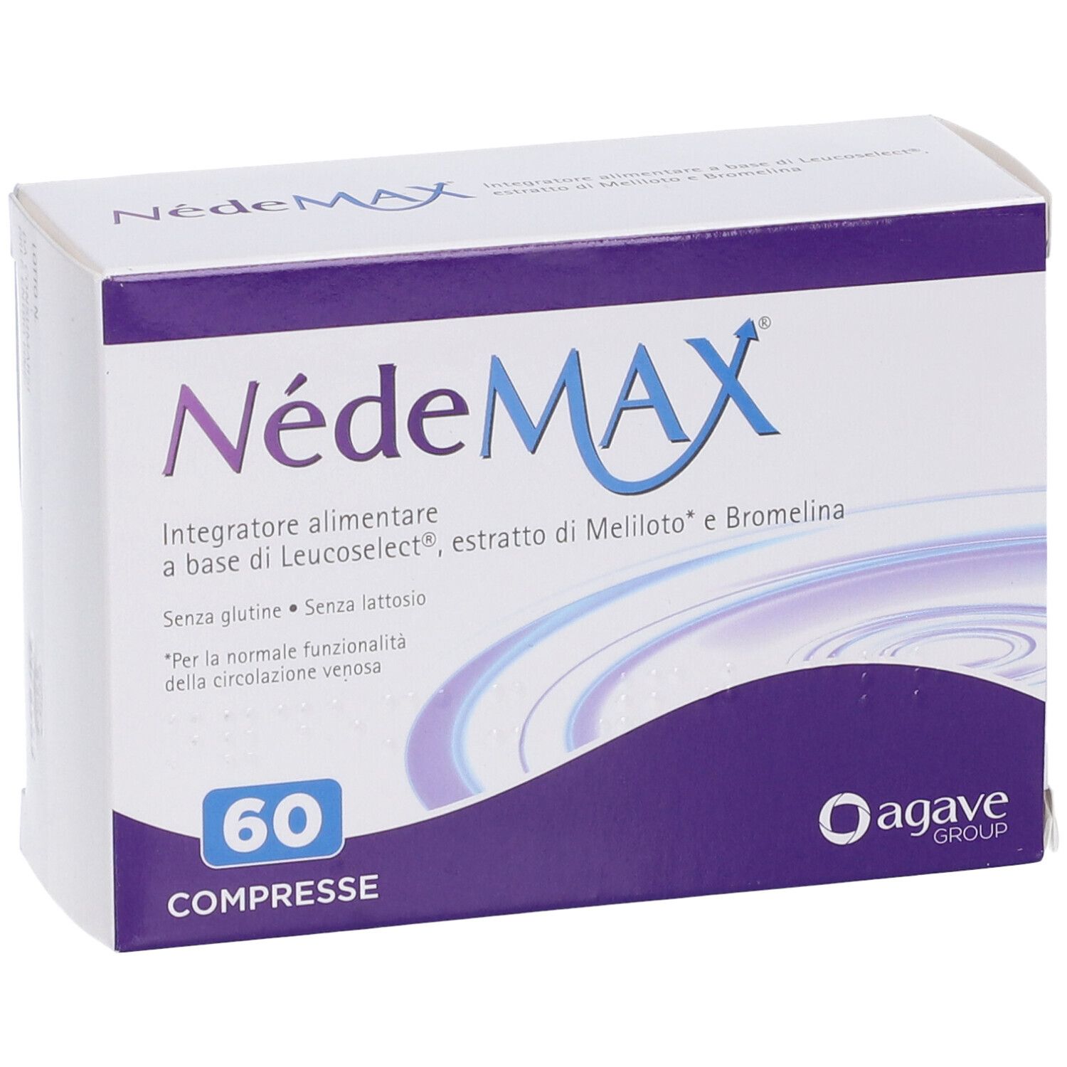 Scatola NedeMAX, 60 compresse. Contiene Leucoselect, estratto di Meliloto e Bromelina. Logo Agave Group.