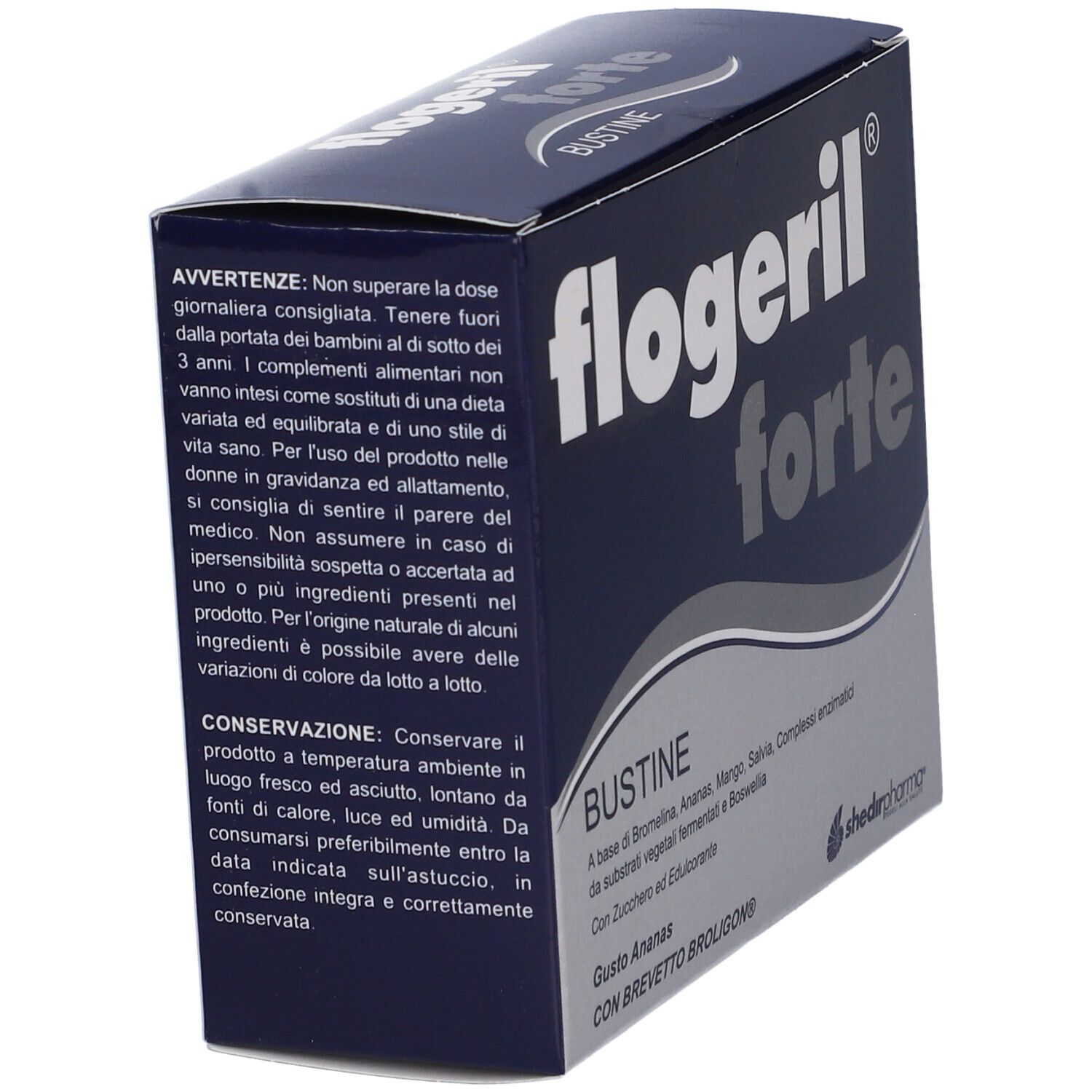 Scatola blu scuro, Flogeril forte. Testo: Bustine, avvertenze, ingredienti e informazioni del produttore.