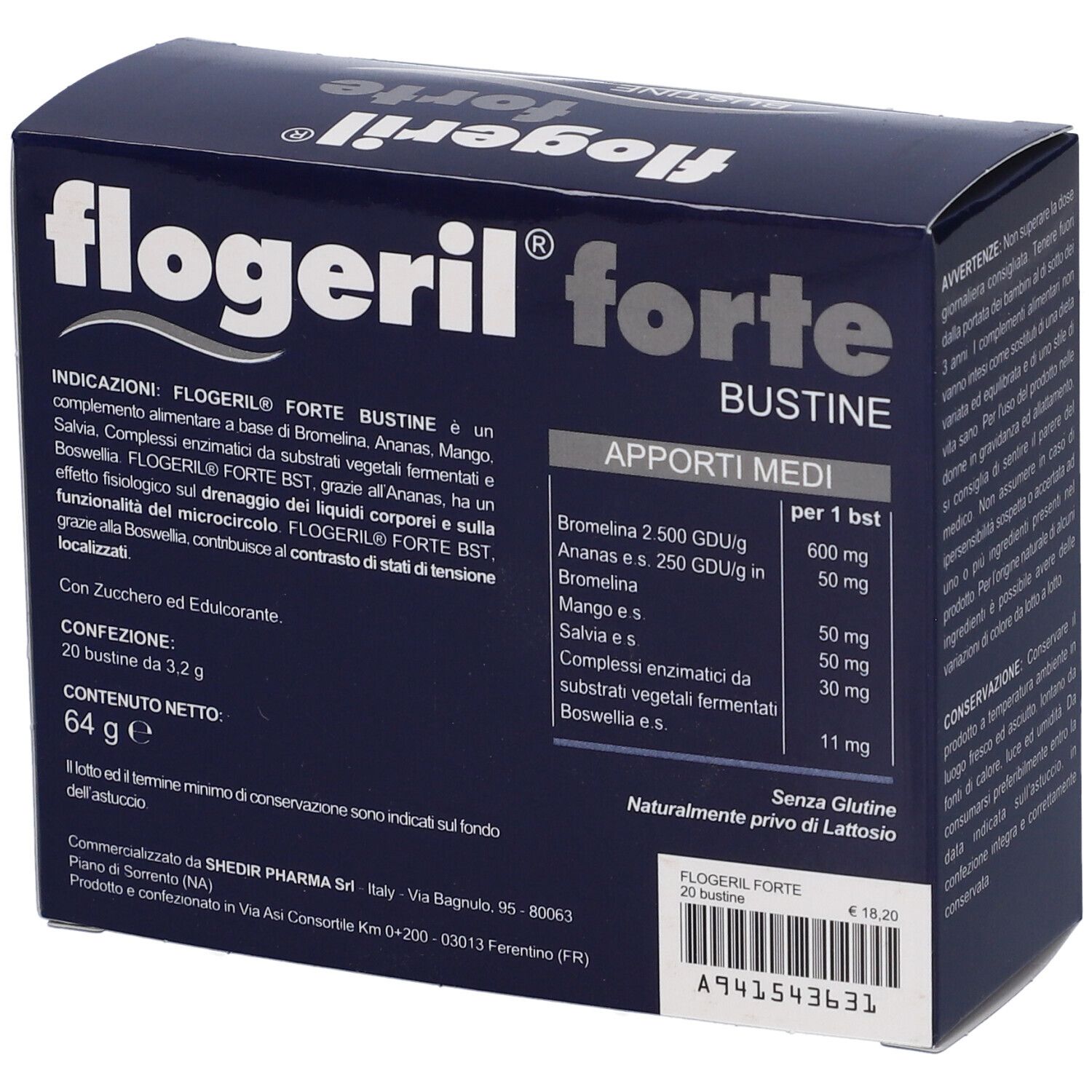 Scatola blu scuro, Flogeril forte. Testo: Bustine, ingredienti, informazioni nutrizionali, 20 bustine, 64g.