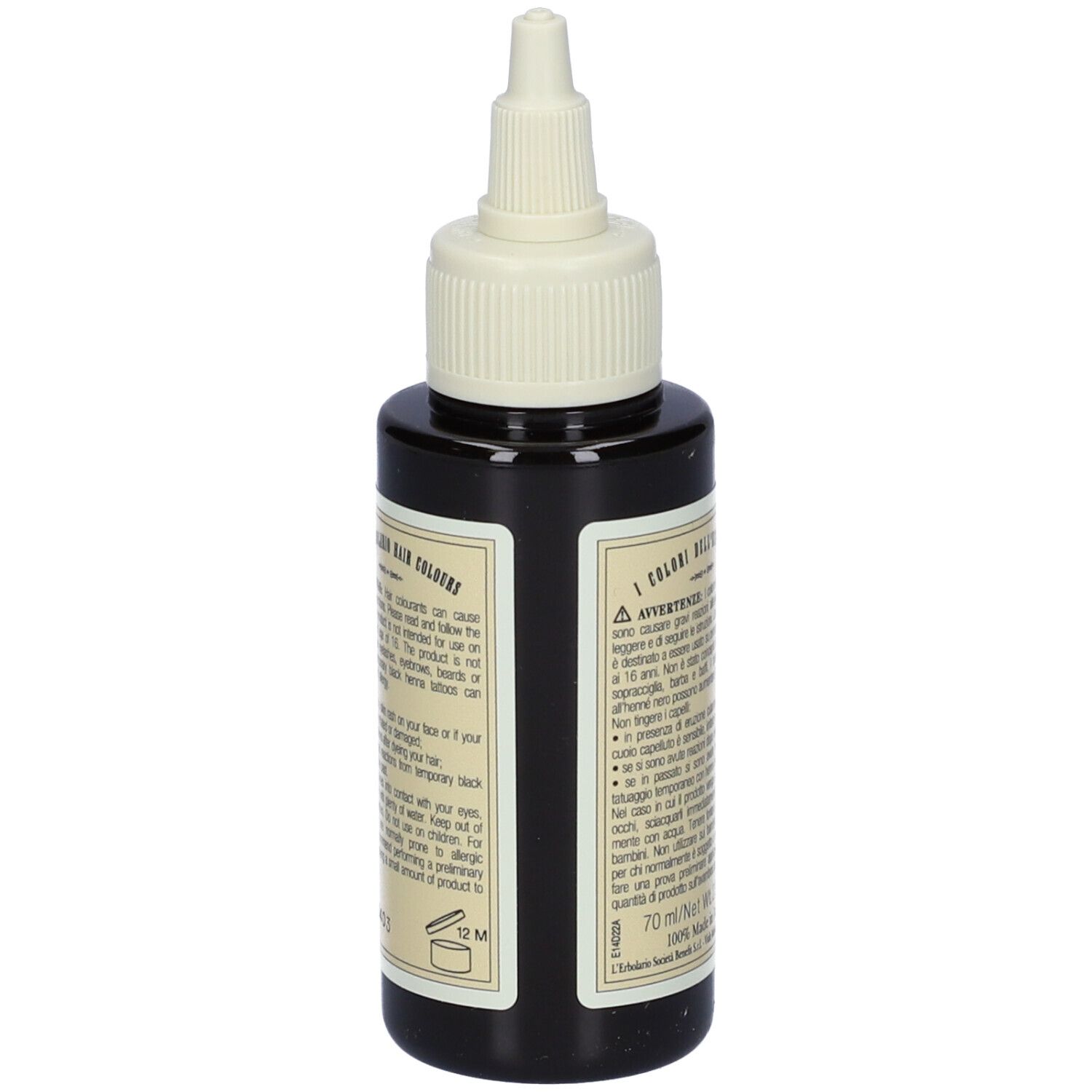 Haarfarben Gel, Flasche mit Aufschrift. Text: Gel Riflessante al Caffè, Coffee Highlighting Gel.