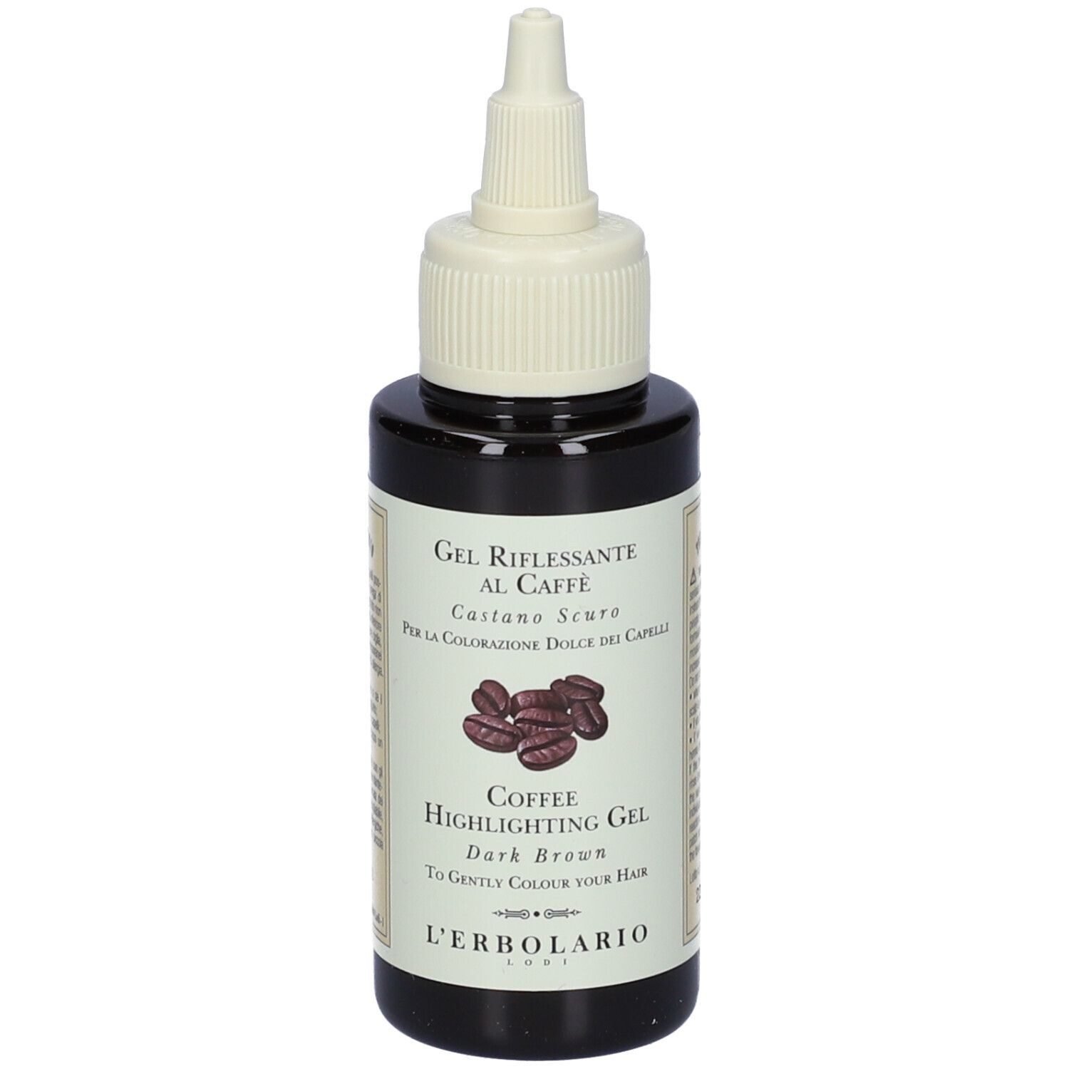 Haarfarben Gel, Flasche mit Aufschrift. Text: Gel Riflessante al Caffè, Coffee Highlighting Gel.