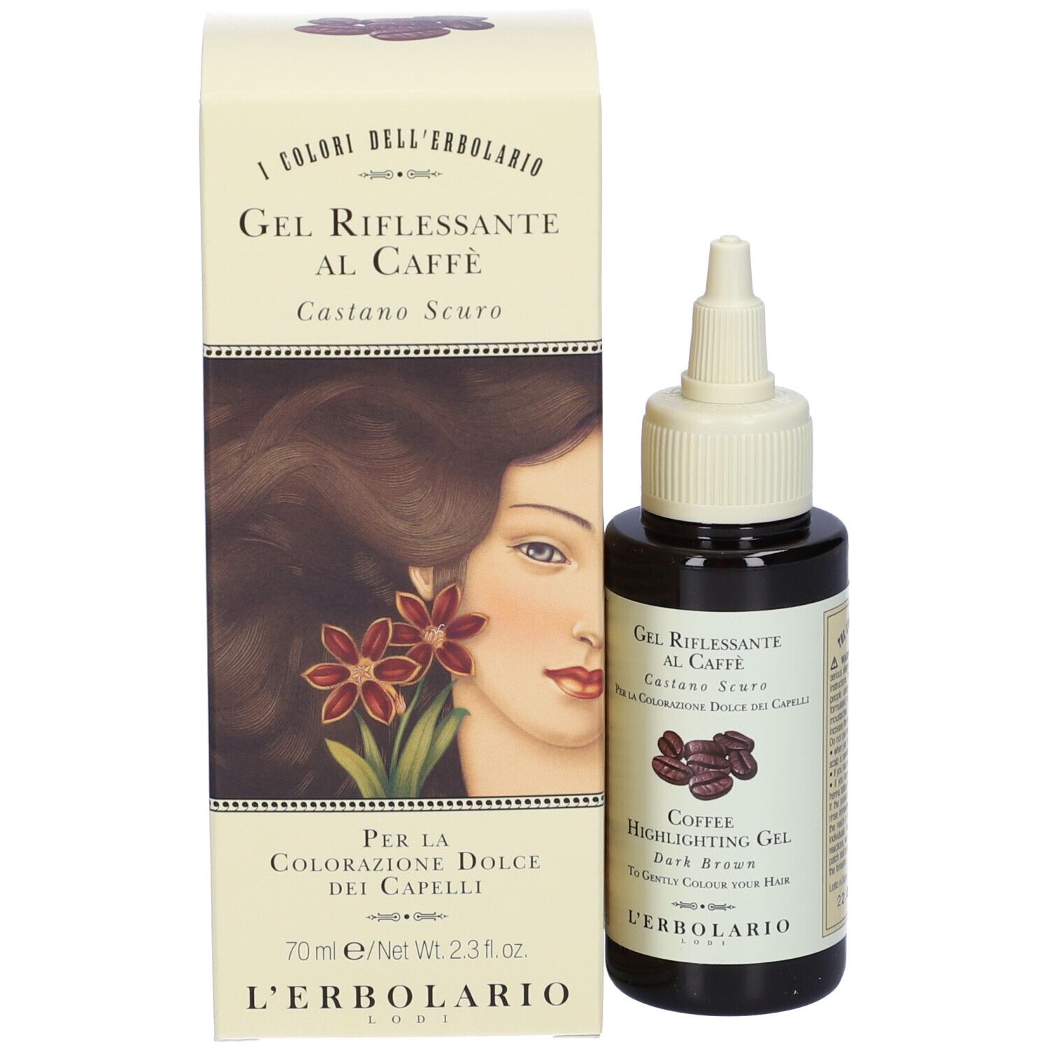 Haarfarben Gel mit Kaffee Dunkelbraun, Flasche und Verpackung. Aufschrift: L'Erbolario.