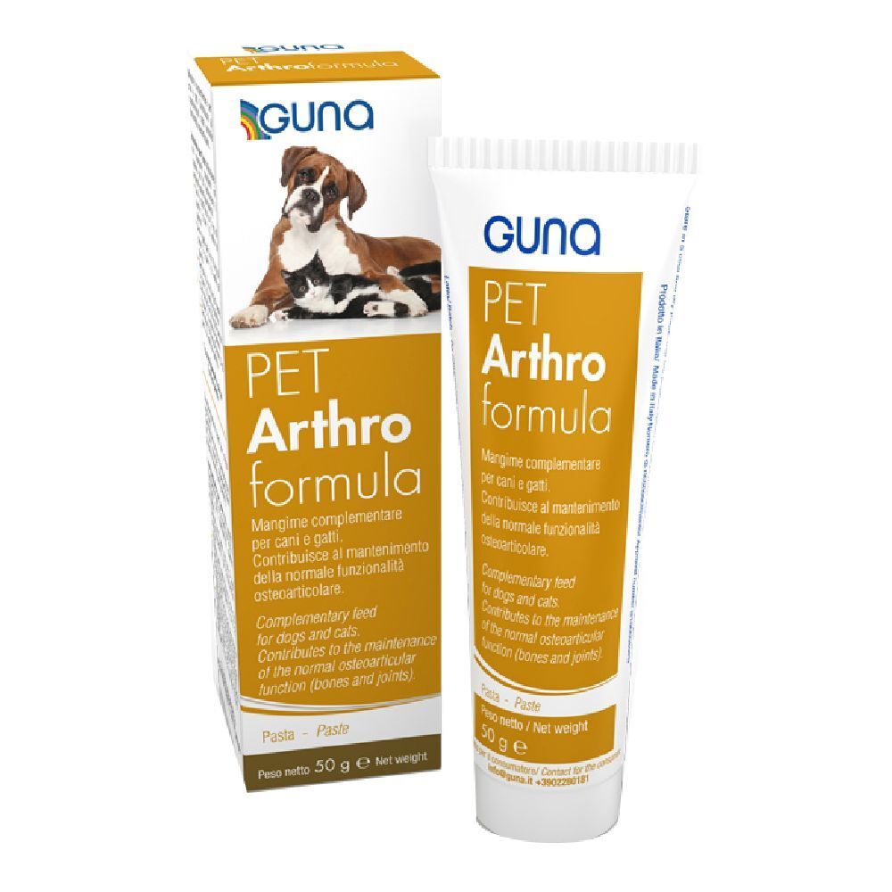 Tubo e scatola con prodotto. Scritta: PET Arthroformula. Marca: GUNA. Contiene 50 g di pasta.