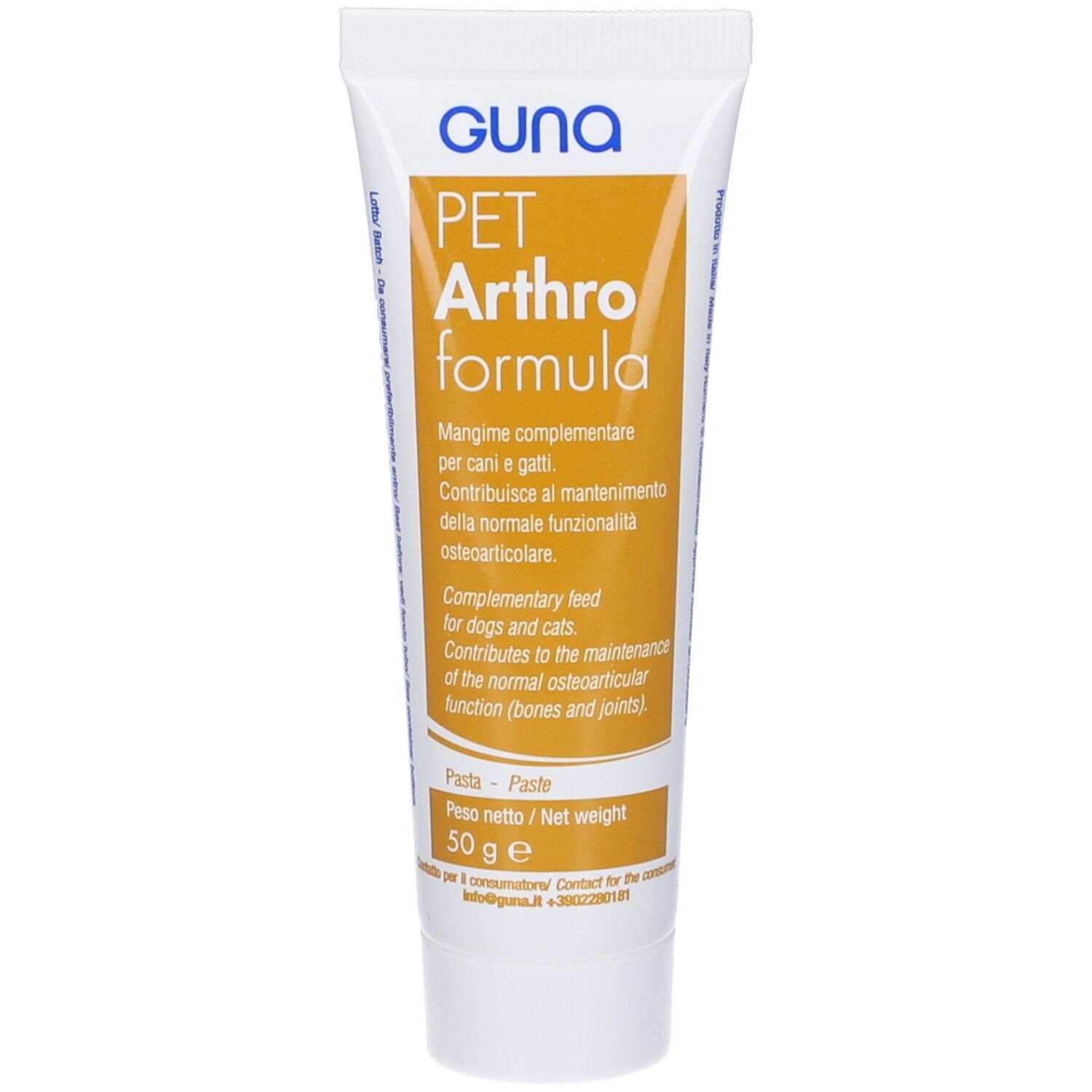 Tubo con prodotto. Scritta: PET Arthroformula. Marca: GUNA. Contiene 50 g di pasta.