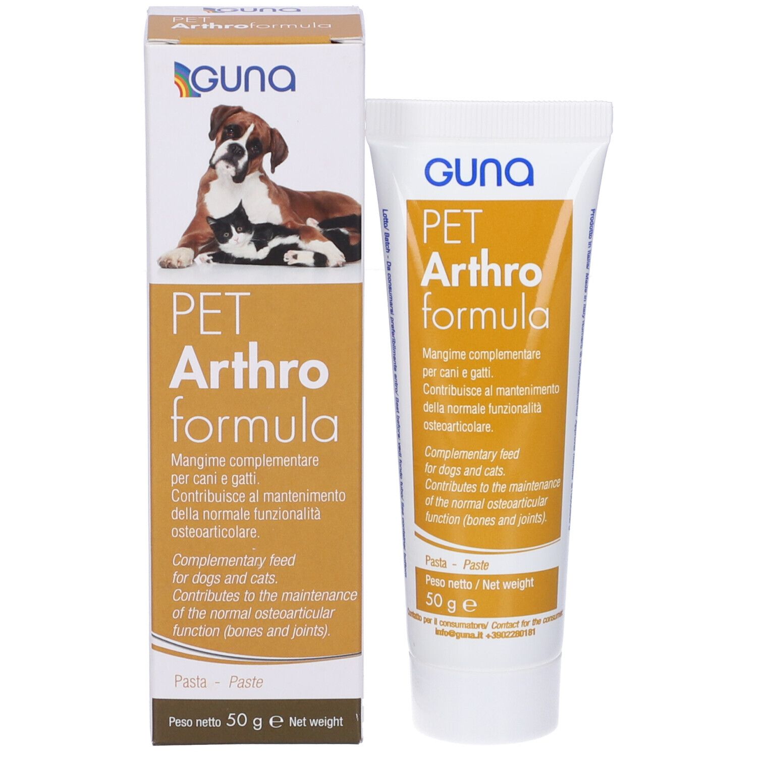 Confezione del prodotto con tubo e scatola. Scritta: PET Arthroformula. Marca: GUNA. 50 g.