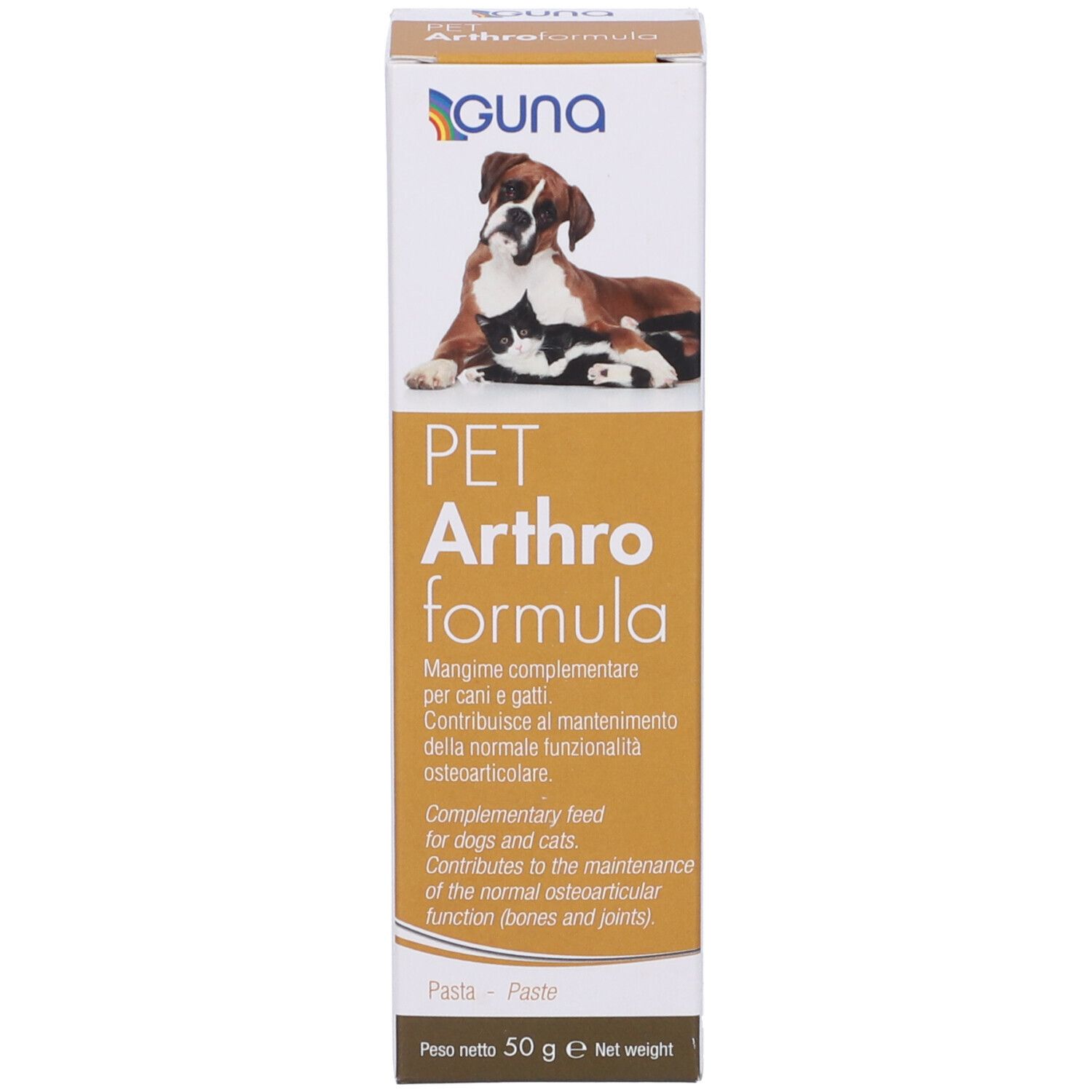 Scatola con prodotto. Scritta: PET Arthroformula. Marca: GUNA. 50 g.