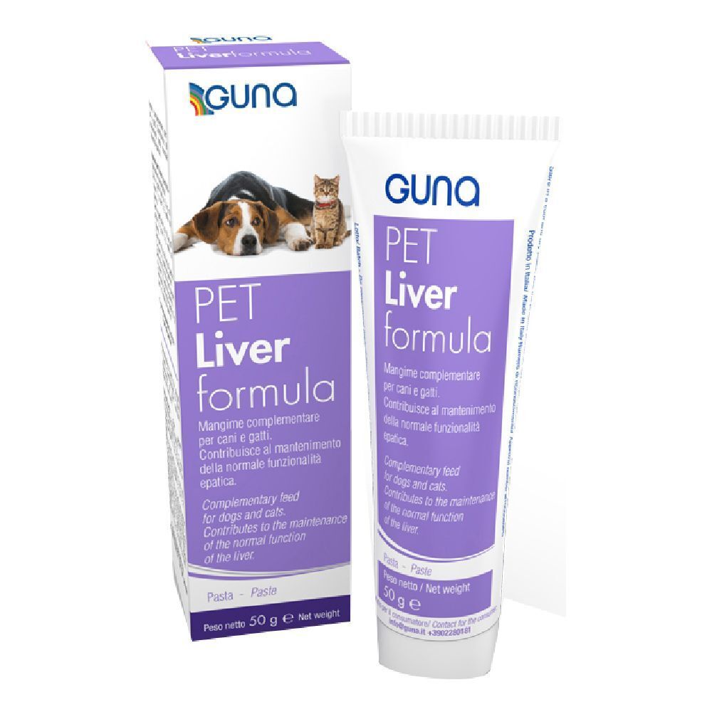 Tubo e scatola PET Liver Formula. Marchio GUNA. Immagine cane e gatto. Scritta in italiano. Peso netto 50 g.