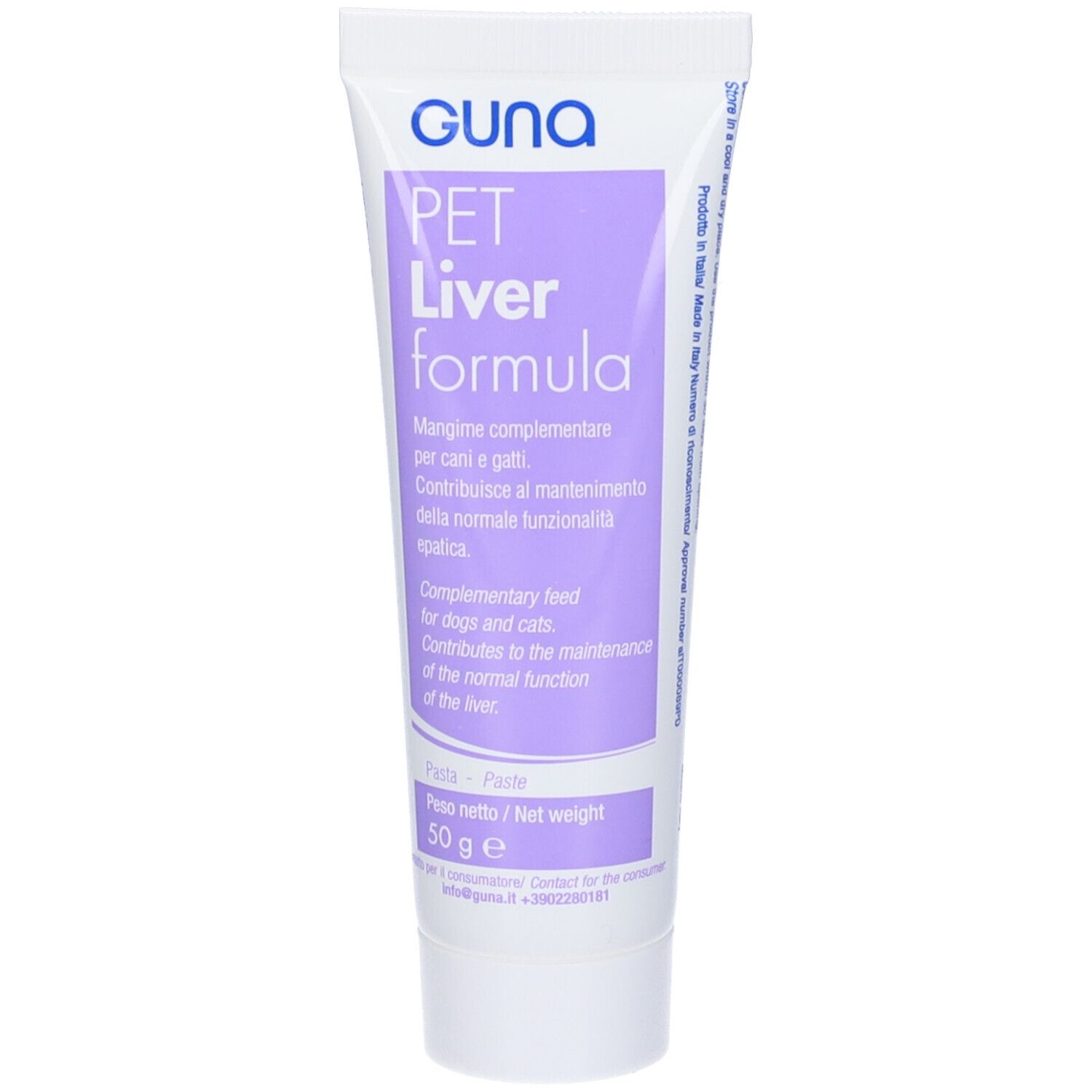 Tubo PET Liver Formula. Marchio GUNA. Testo italiano. Peso netto 50 g. Sfondo bianco.