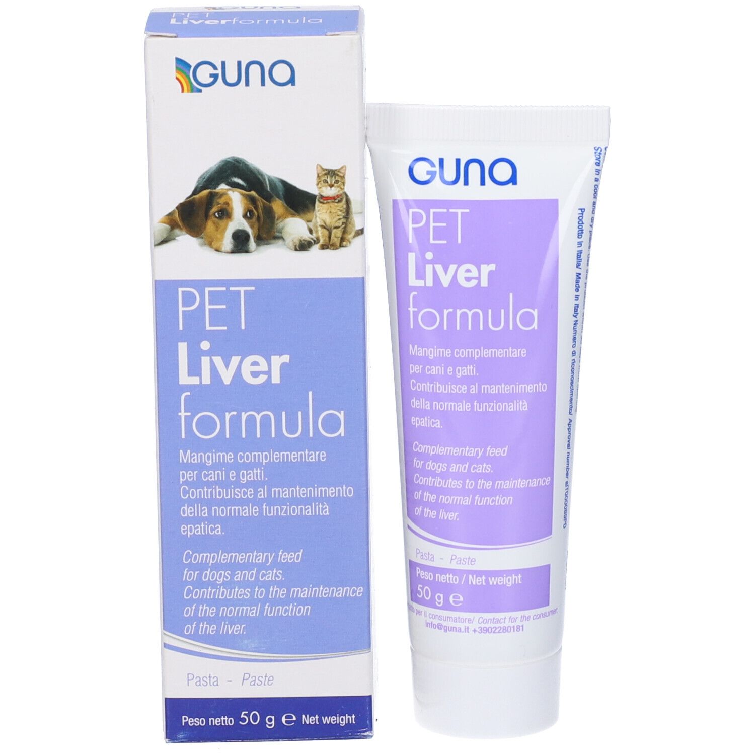 Tubo e scatola PET Liver Formula. Marchio GUNA. Immagine cane e gatto. Testo italiano. Peso netto 50 g.