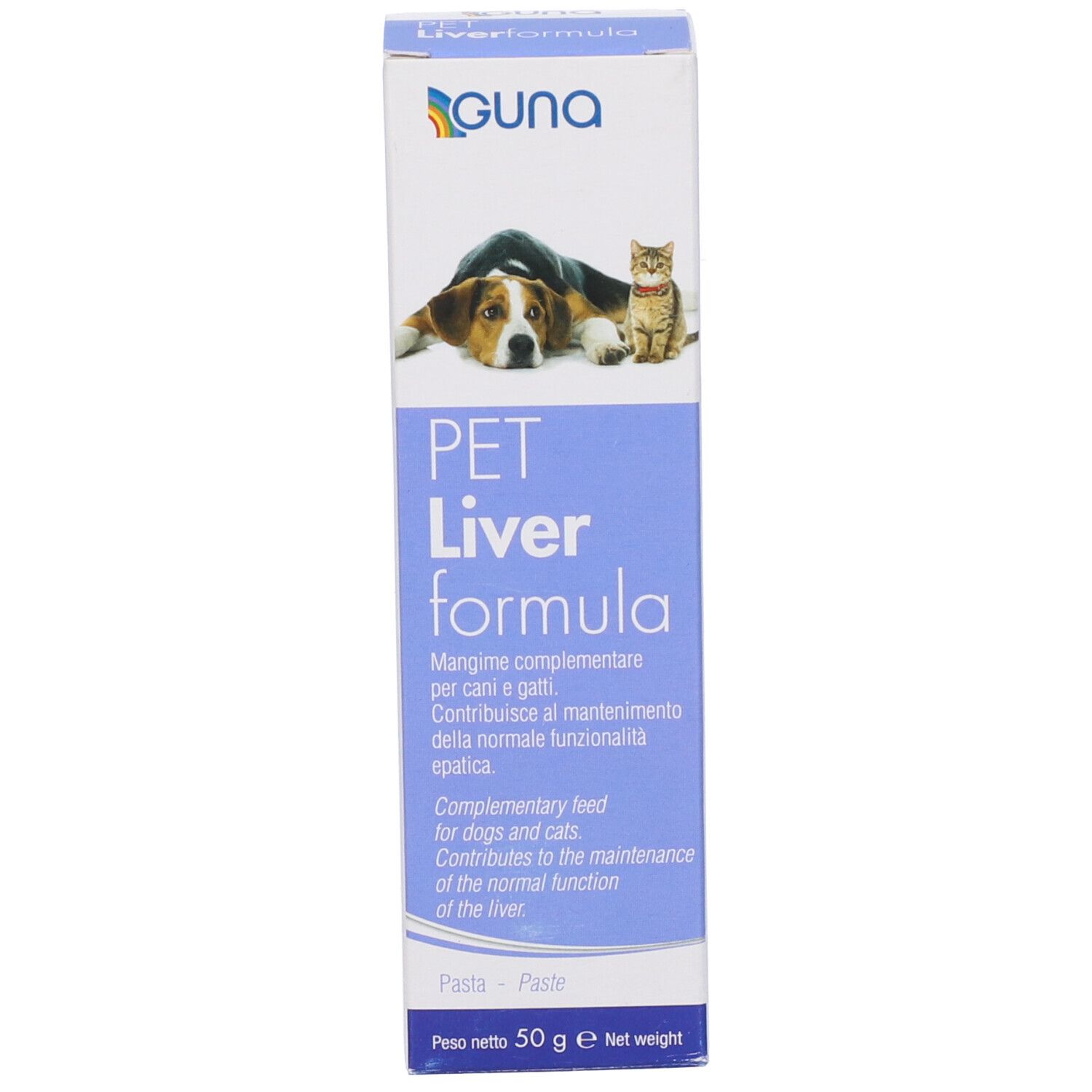Scatola PET Liver Formula. Marchio GUNA. Immagine cane e gatto. Testo italiano. Peso netto 50 g.