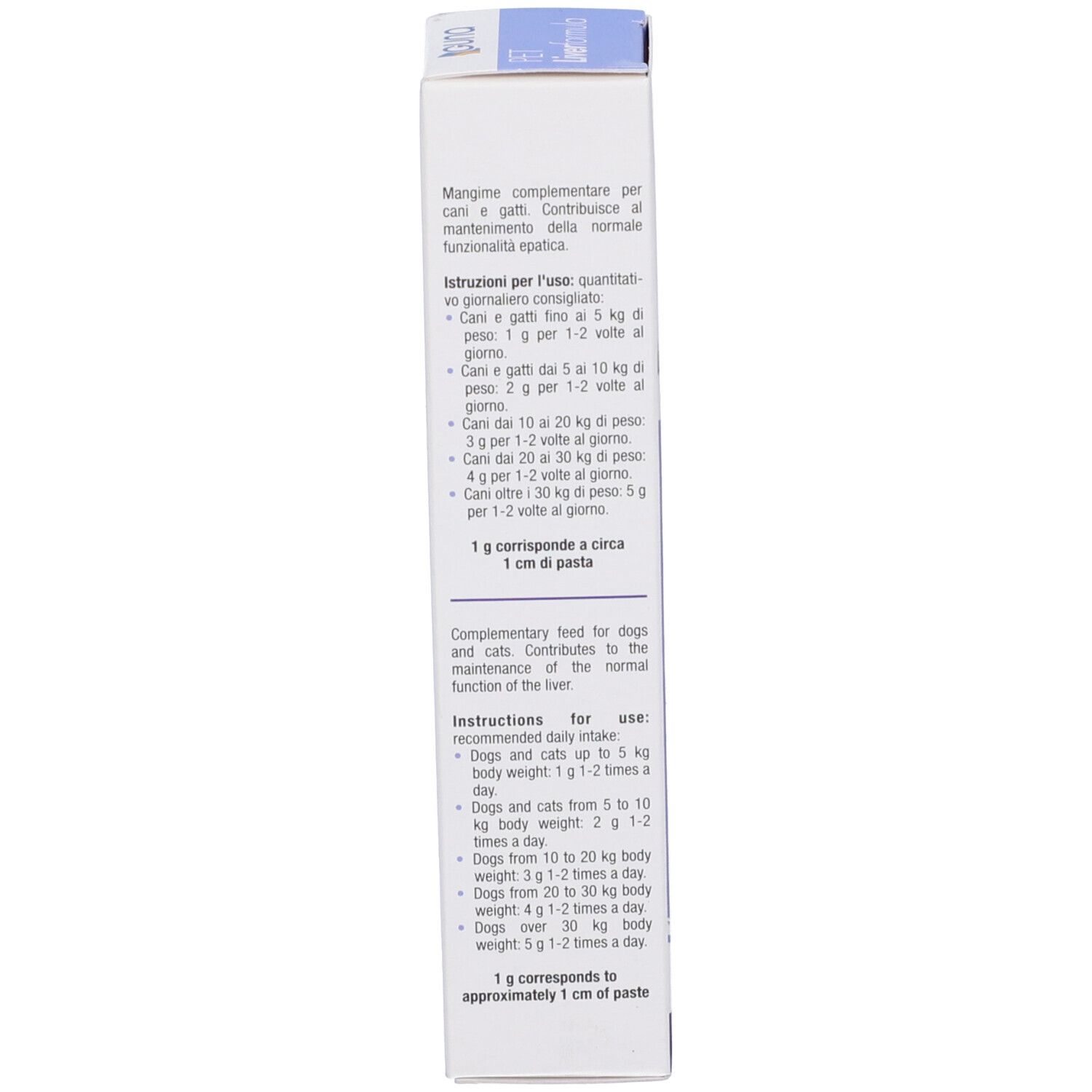 Lato della scatola. Testo italiano. Istruzioni per l'uso. Peso netto 50 g.