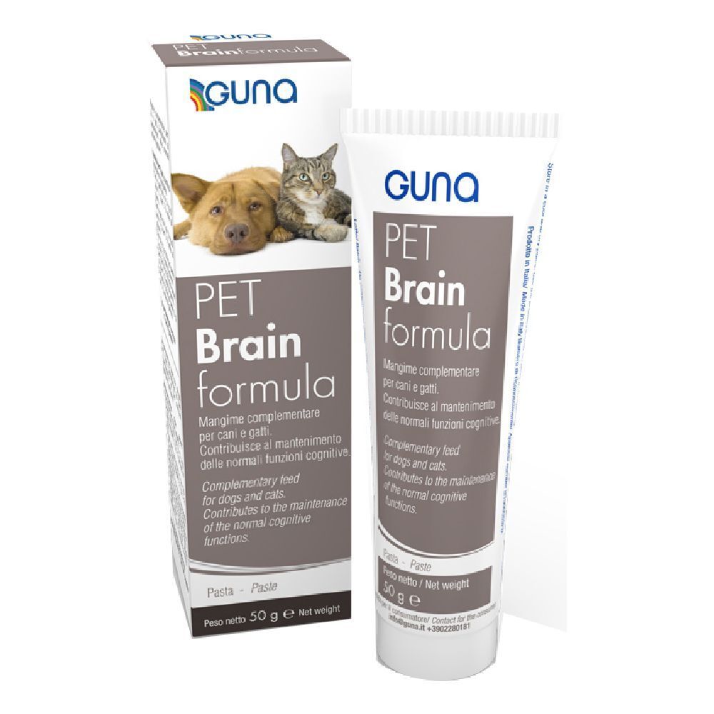 Tubo e confezione di Pet Brainformula. Sulla confezione sono raffigurati un cane e un gatto. Nome del prodotto e marchio visibili.