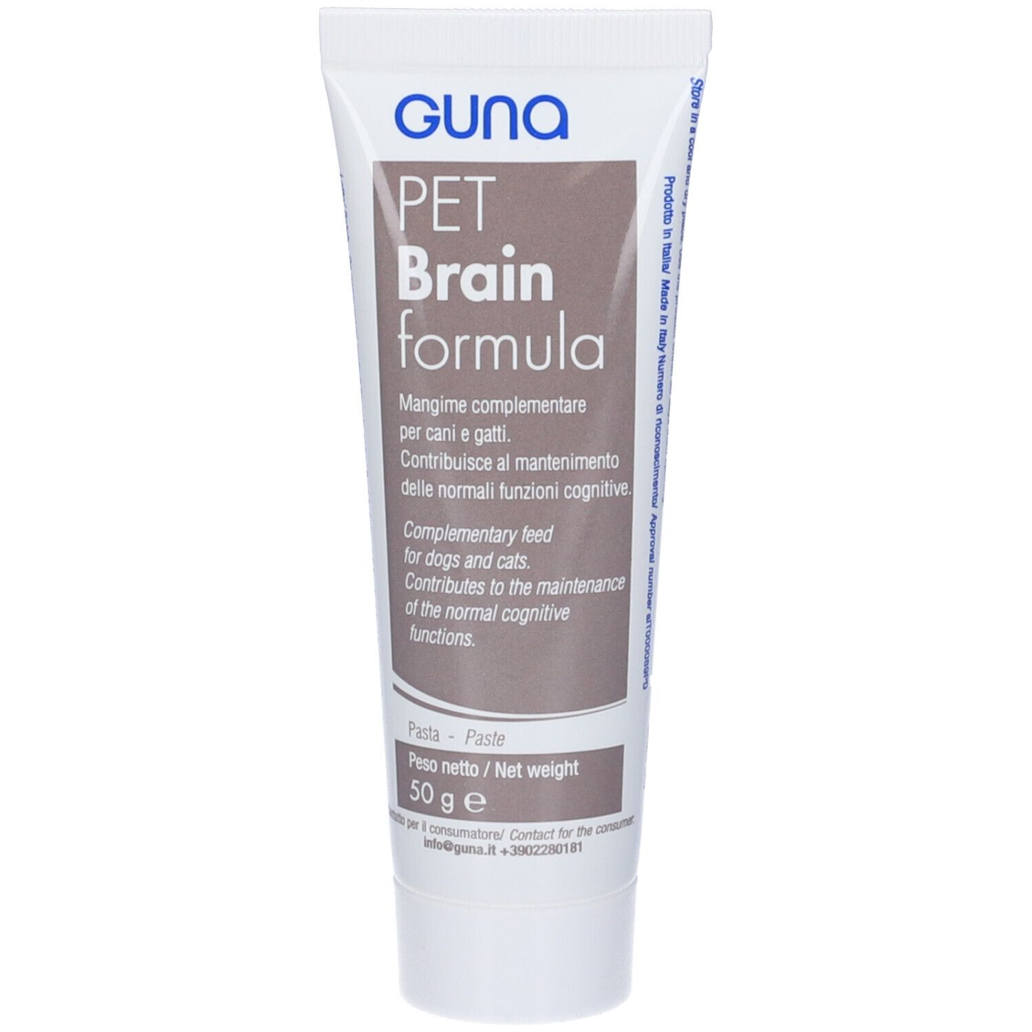 Tubo di Pet Brainformula. Il nome del prodotto e il marchio sono visibili. Sul tubo è scritto '50 g'.