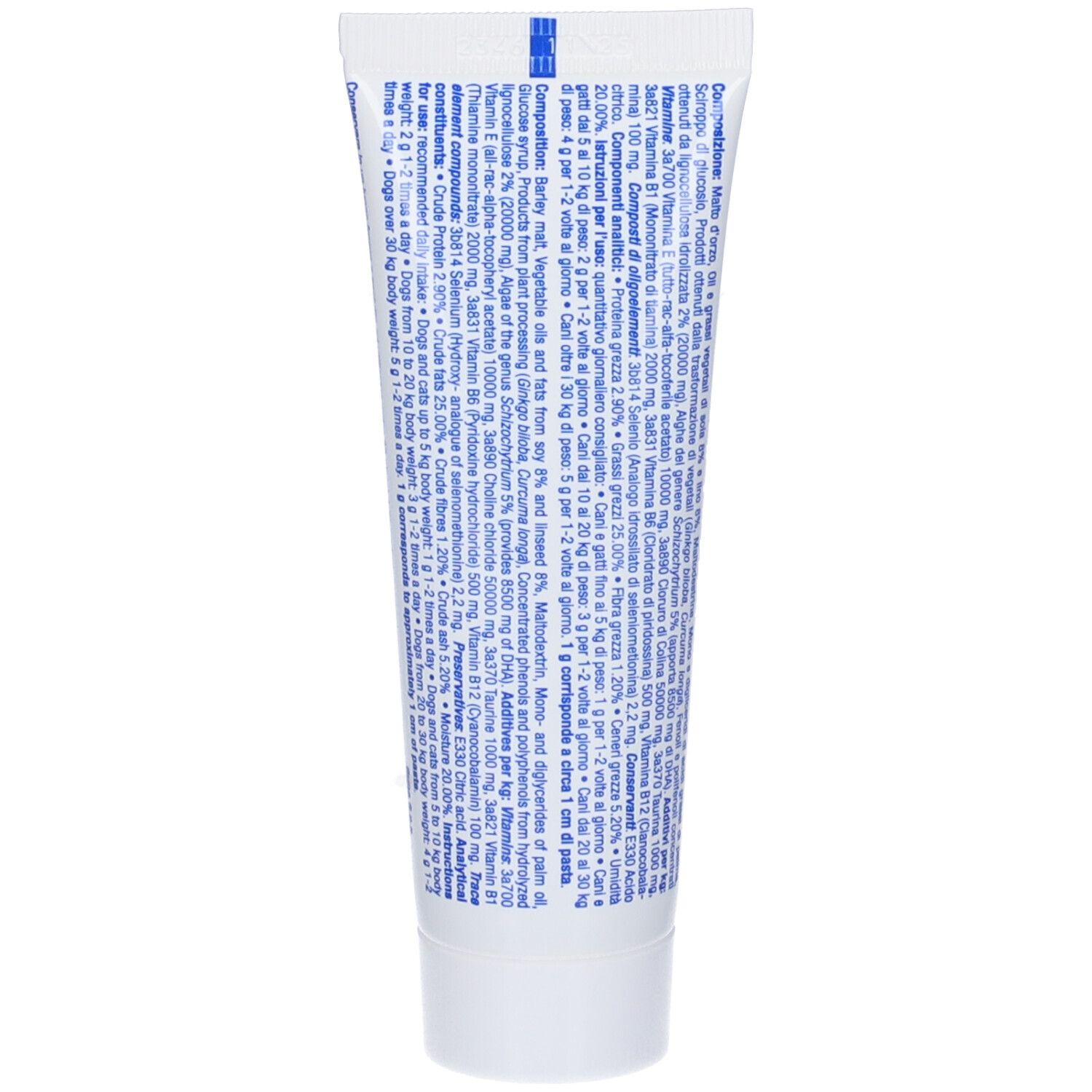Retro del tubo di Pet Brainformula. Testo con ingredienti e istruzioni per l'uso. Il contenuto del tubo è di 50 g.