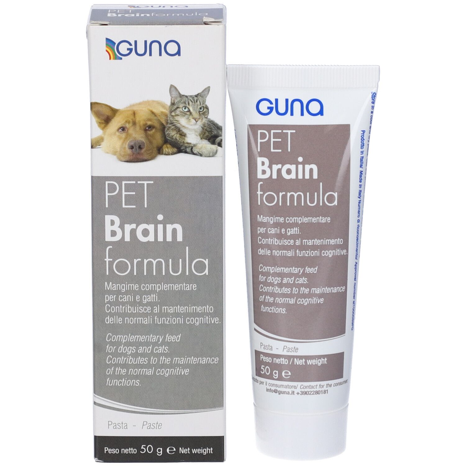 Tubo e confezione di Pet Brainformula. Il nome del prodotto e il marchio sono visibili. Sulla confezione sono raffigurati un cane e un gatto.
