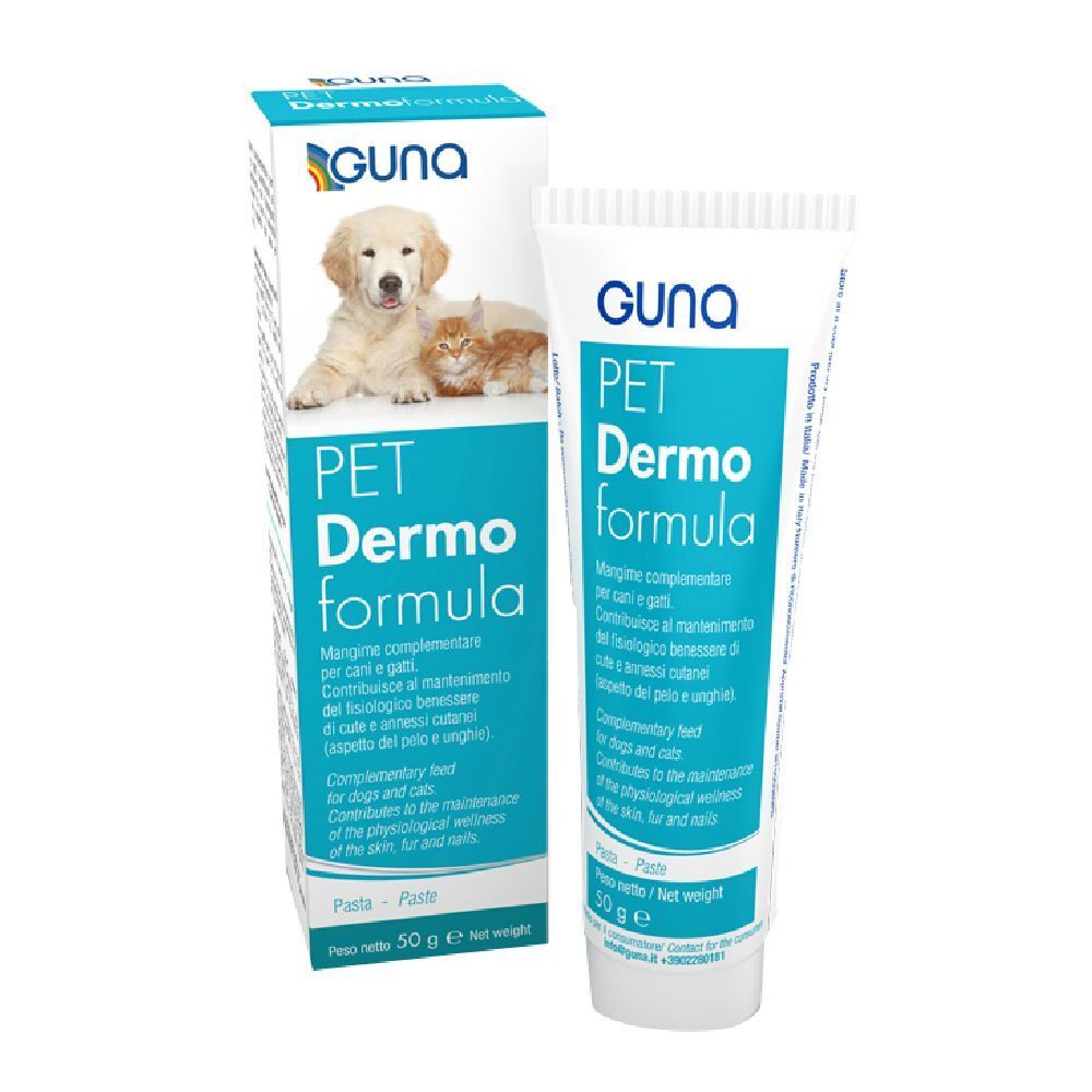 Tubo e scatola con prodotto. Scritta: PET Dermoformula. Contiene alimento complementare per cani e gatti.