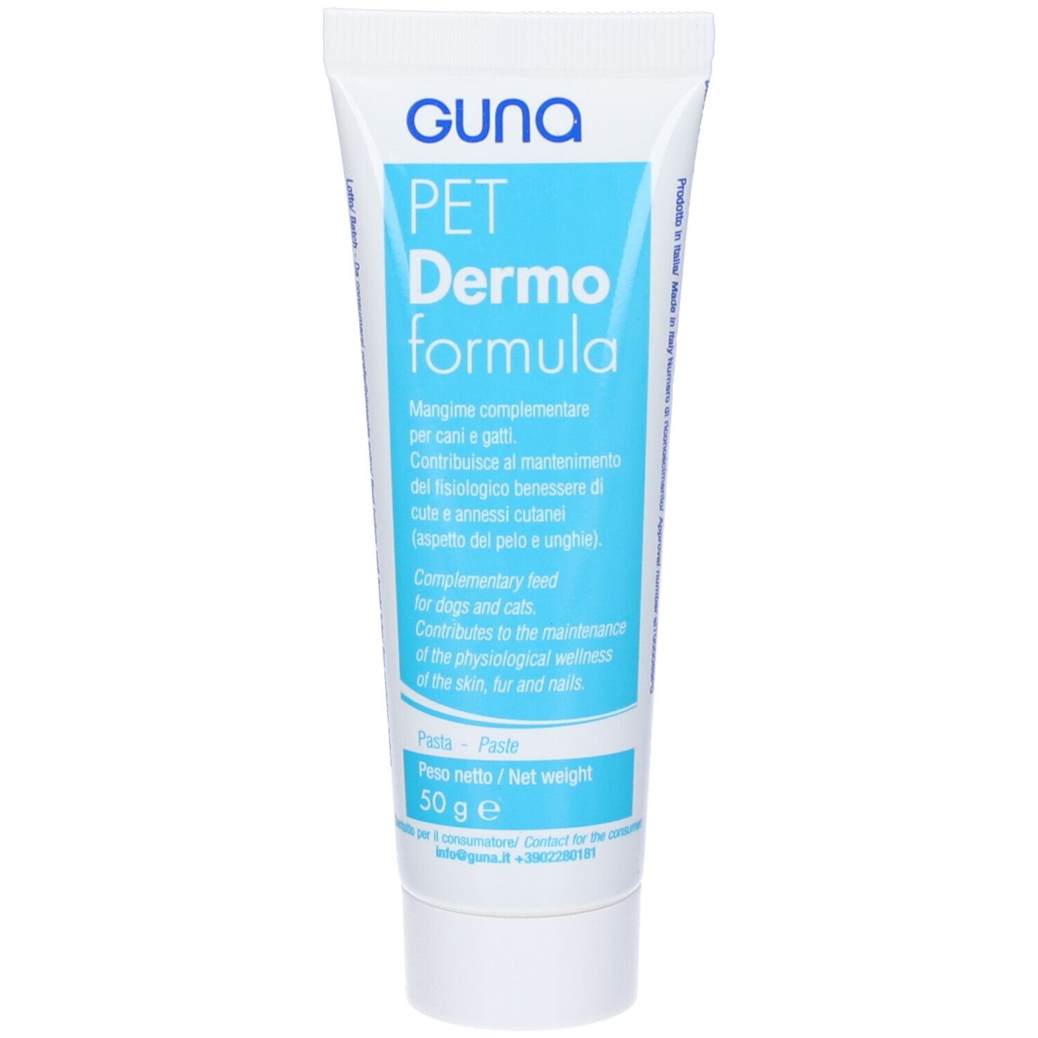 Tubo con prodotto. Scritta: GUNA PET Dermoformula. Alimento complementare per cani e gatti. 50 g.