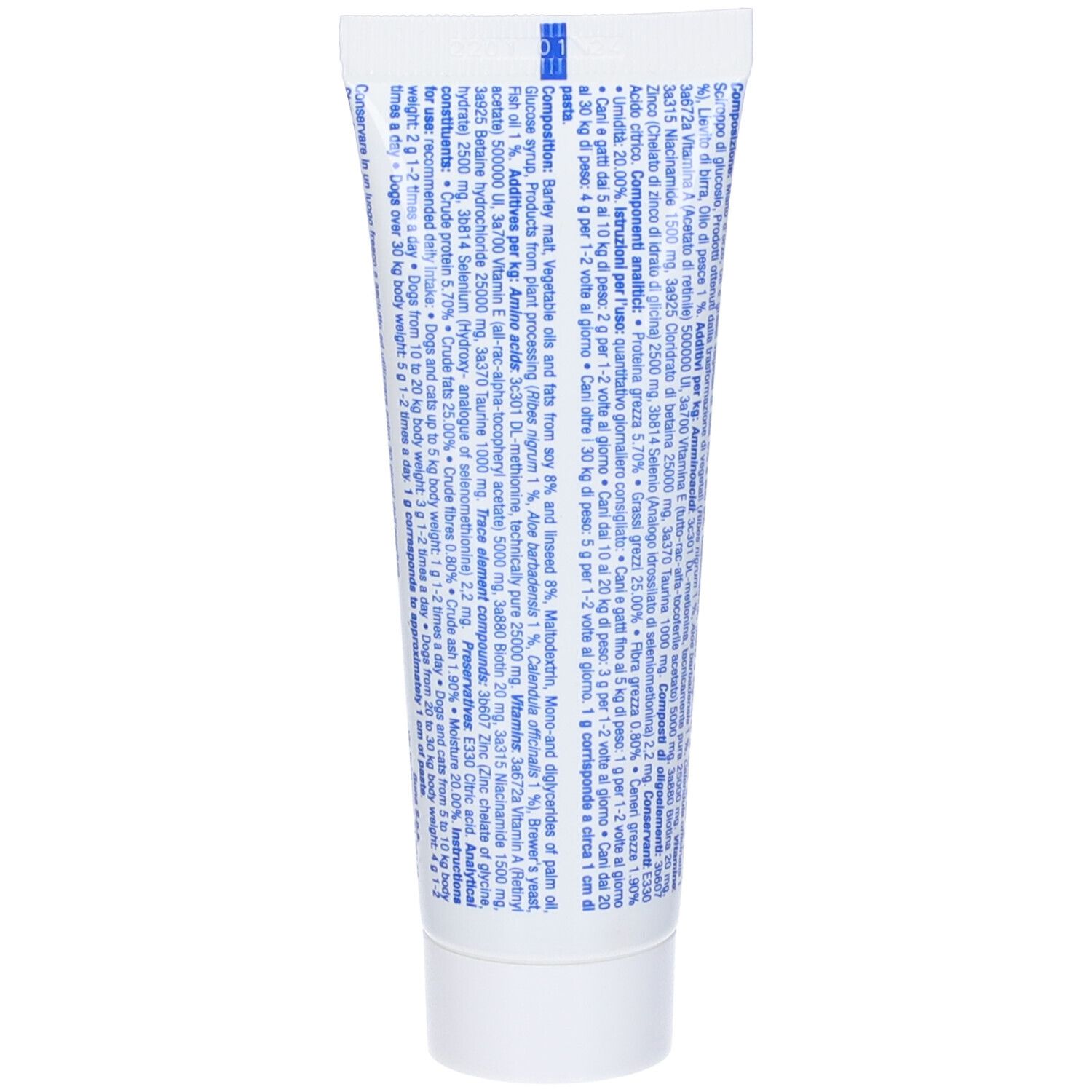 Retro del tubo. Contiene informazioni sugli ingredienti e i valori nutrizionali. Tubo bianco con testo blu.