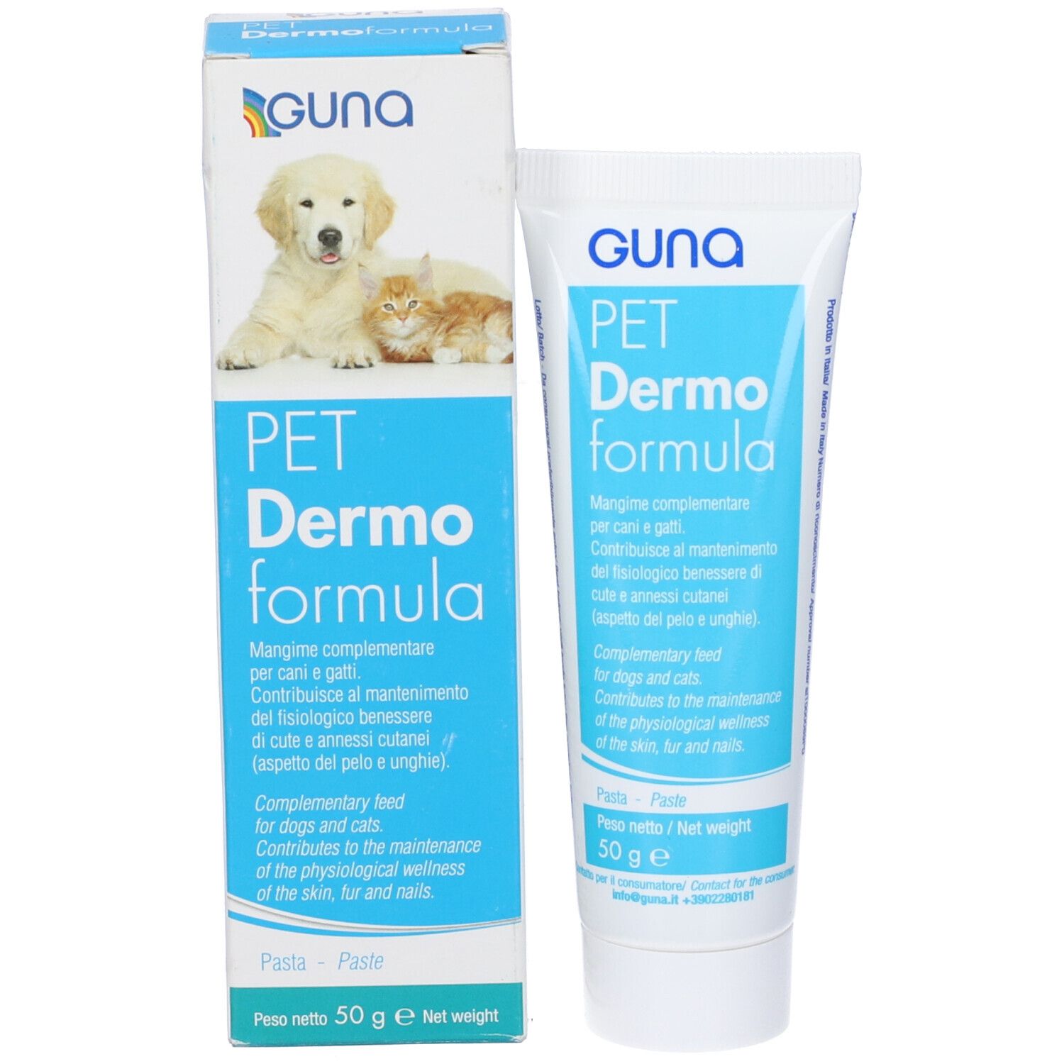 Confezione del prodotto. Scatola e tubo. Scritta: PET Dermoformula. Alimento complementare per cani e gatti.
