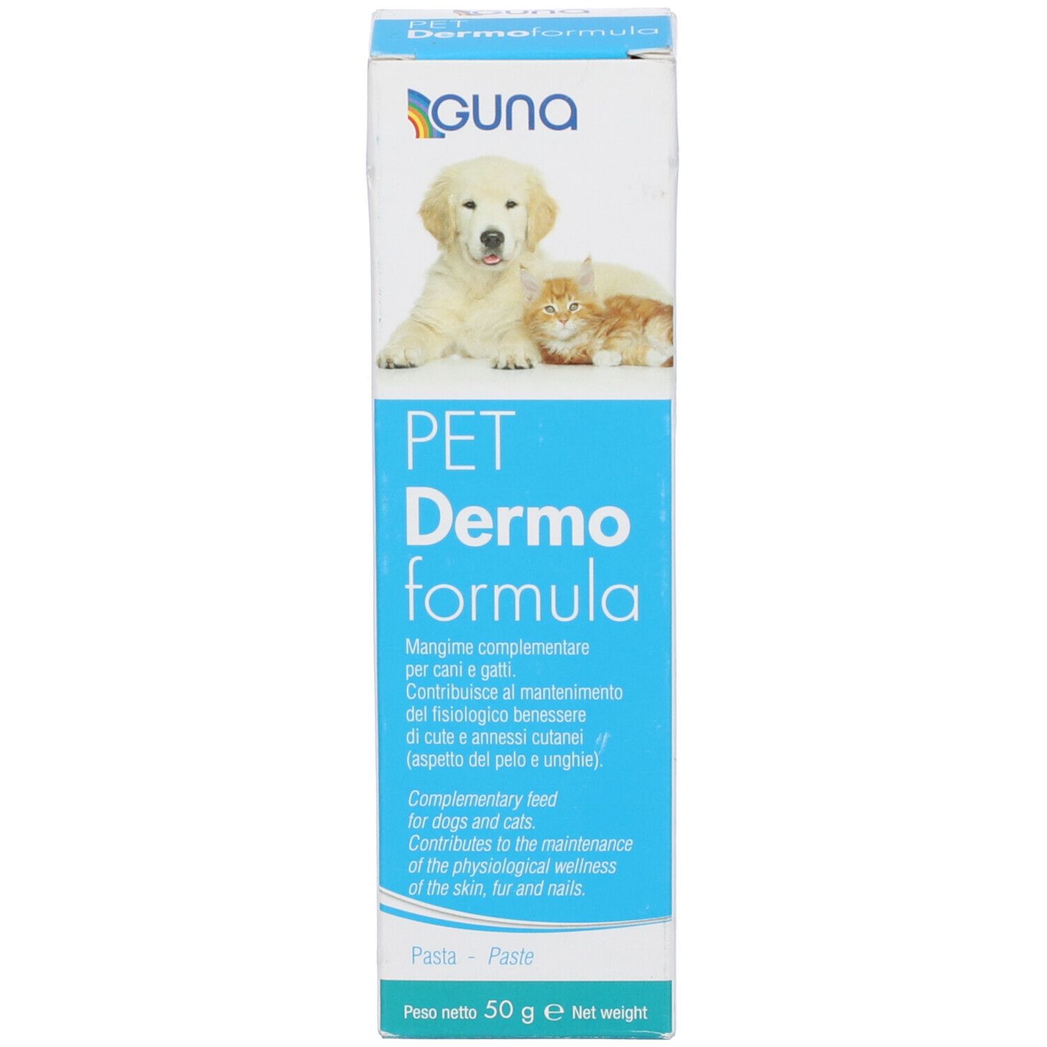 Confezione del prodotto. Scatola con scritta: PET Dermoformula. Alimento complementare per cani e gatti. 50 g.