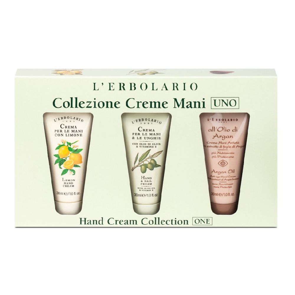Creme Mani Uno Collezione Con Crema Mani Limone 30 Ml + Crema Mani E Unghie Olio D'Oliva 30 Ml + All'Olio Di Argan Crema Mani 30 Ml