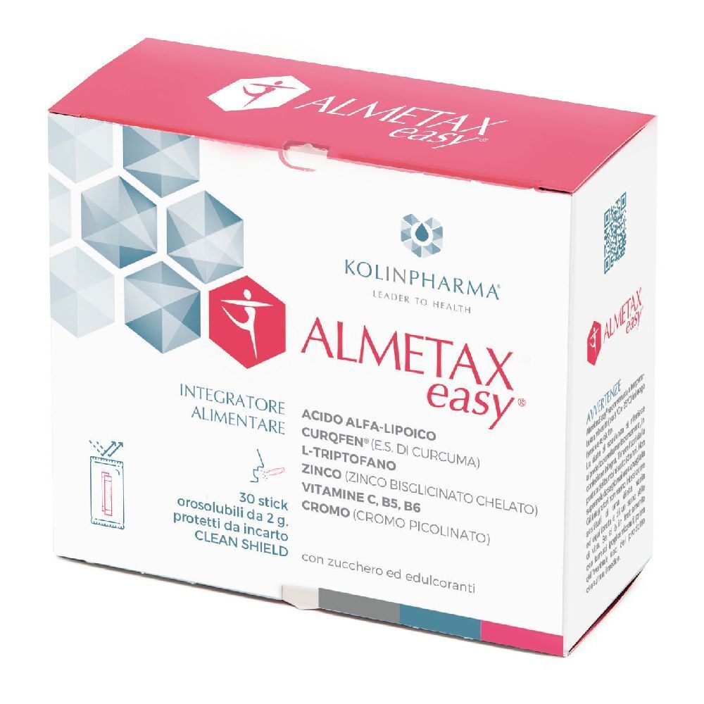 Scatola KOLINPHARMA® ALMETAX Easy®. Contiene 30 stick. Scritto: Integratore Alimentare, ingredienti.